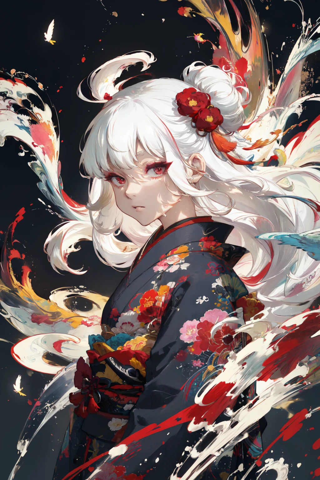 (masterpiece:1.1), (highest quality:1.1), (HDR:1.0), (illustration), looking at viewer,colorful,from side,((chinese colorful ink)),flat color,(phoenix:1.5,bird:1.3),sunset, standing on a building, (1girl:1.2),detailed long white hair + red eyes,detailed face,full body, (white hair:1.4), (mole under eye:0.7), squinting,eyeshadow, hair ornament, small breasts,((kimono)), cold face,long floating hair,,hair over one eye\\, (portrait),((ink splashing)),((chinese colorful ink)), ((Chinese color ink painting style)) upper body,(white hair +red eyes),(cute face:0.75),(detailed beautiful face:0.75),colorful painting, (Floating),(Amazing),(Absurd),((sharp focus)), ((extremely detailed)), ((high saturation)),((surrounded by color ink splashes)),((extremely detailed body)),((colorful))