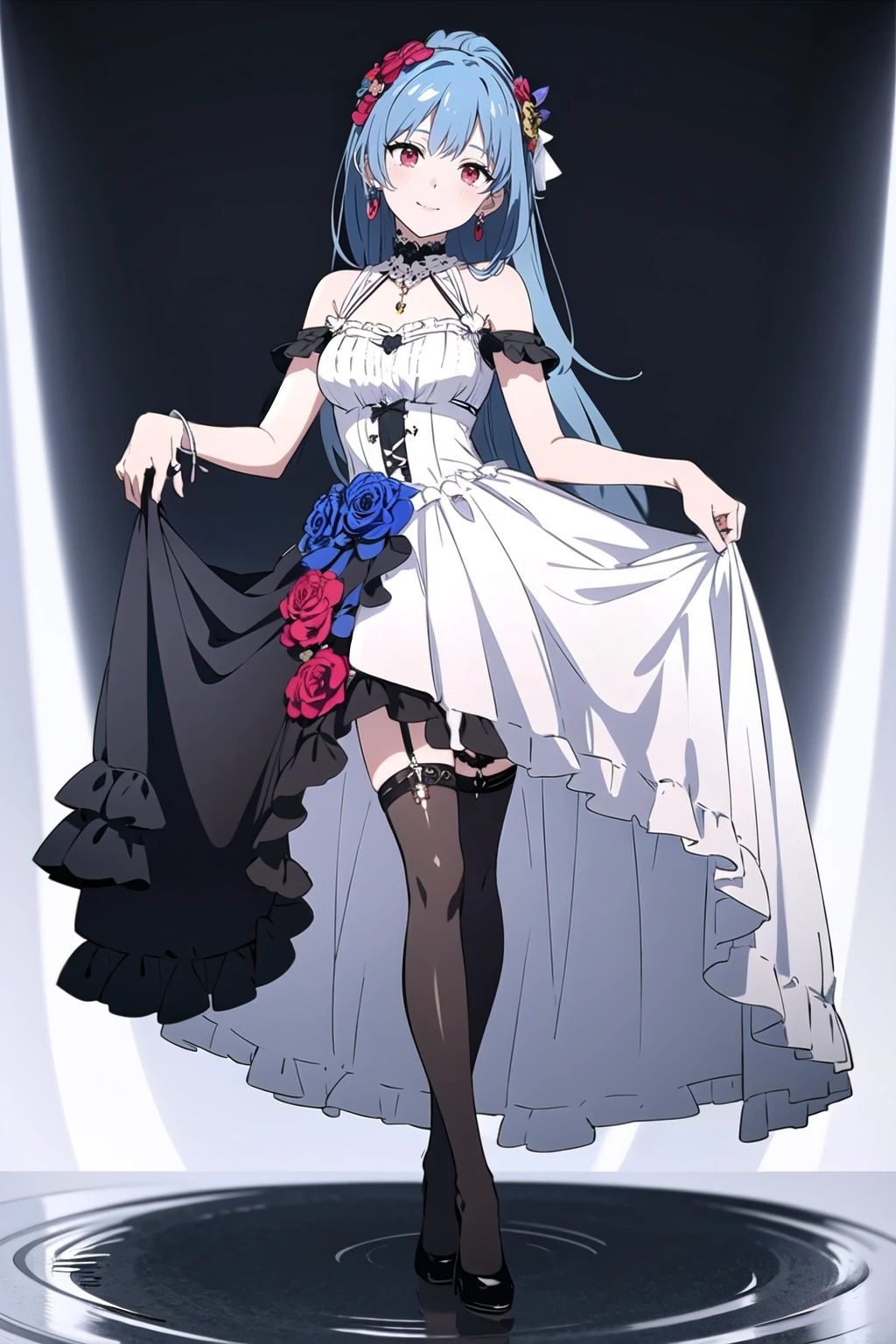 <lora:style_Ashima:1>1girl, bangs, bare_shoulders, black_gloves, black_headwear, black_leotard, blue_bow, blue_butterfly, blue_eyes, blue_flower, blue_ribbon, blue_rose, bouquet, breasts, choker, covered_navel, cowboy_shot, elbow_gloves, eyebrows_visible_through_hair, floral_background, flower, gloves, gradient, gradient_background, grey_background, hat, hat_flower, highleg, holding, holding_flower, hydrangea, leotard, lifted_by_self, lily_\(flower\), long_hair, looking_at_viewer, mole, mole_under_eye, mouth_hold, pantyhose, ribbon, rose, silver_hair, smelling, solo, sun_hat, thighs, white_flower, white_legwear <lora:girlmix:0.3>