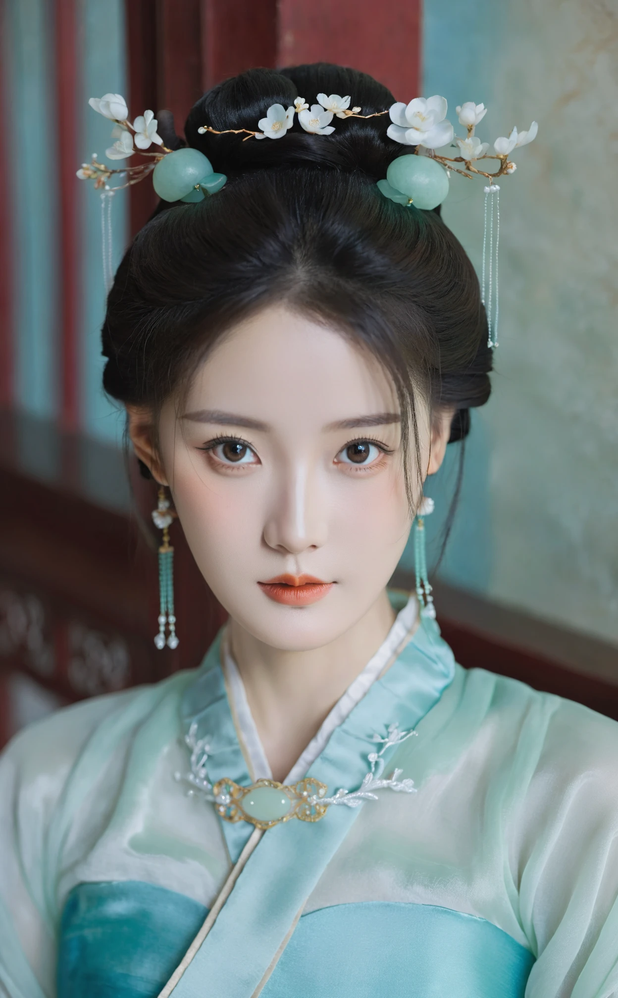 Realistic,Chinese young woman portrait,upper body,elegant bun with hair ornament,looking at viewer,indoors,cold jade eyes,traditional blue silk hanfu,serene elegance,ancient beauty,