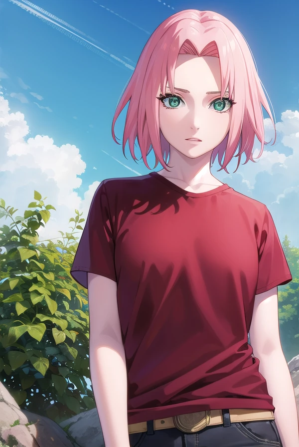 sakuraharuno, <lora:sakura haruno shippuuden-lora-nochekaiser:1>,
noheadband sakura haruno, short hair, (green eyes:1.5), pink hair,
BREAK shirt, (red shirt:1.5), short sleeves, vest,
BREAK outdoors, forest, sky, clouds, nature, sun,
BREAK looking at viewer, (cowboy shot:1.5),
BREAK <lyco:GoodHands-beta2:1>, (masterpiece:1.2), best quality, high resolution, unity 8k wallpaper, (illustration:0.8), (beautiful detailed eyes:1.6), extremely detailed face, perfect lighting, extremely detailed CG, (perfect hands, perfect anatomy),