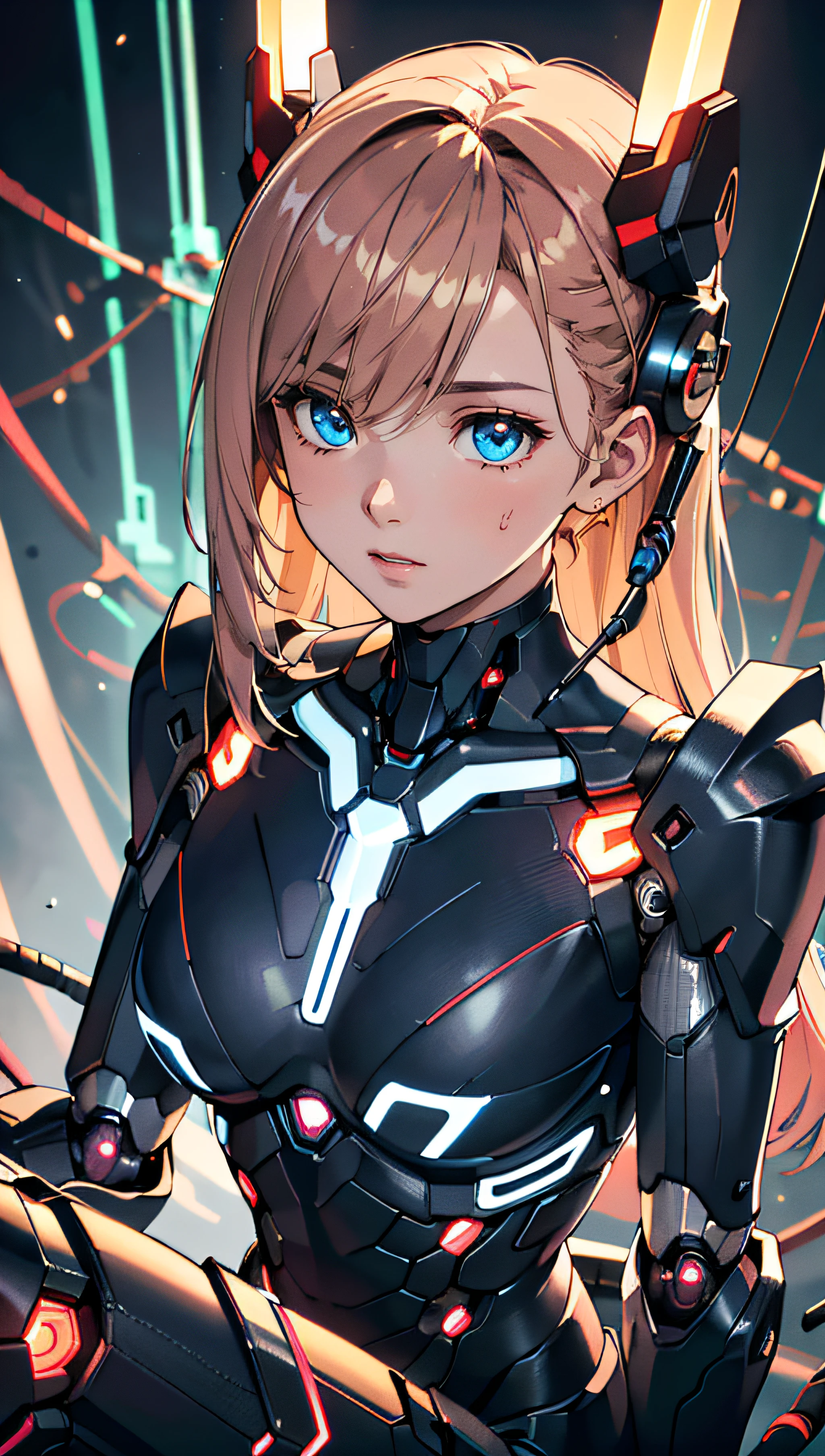 (best quality, masterpiece, perfect face, beautiful and aesthetic:1.2, colorful, dynamic angle, highest detailed face)((Full shot)), (highly detailed illustration), ((Chest covered)), ((1mechanical girl)), solo, (lucent nacre exoskeleton) ((upper torso hanging by gloing wires)), ((Hanging by glowing wires and glowing tubes)), (machine made joints:1.2), ((machanical limbs)), (blood vessels connected to glowing tubes), (mechanical vertebra attaching to back), ((mechanical cervial attaching to neck)), (sitting), (chest covered), (glowing wires and glowing cables attaching to neck:1.2), (glowing wires and glowing cables on head:1.2), (character focus), science fiction, extreme detailed, colorful,, 35mm, bokeh, 9:16, (intricate details, hyperdetailed:1.15), detailed, sunlight passing through hair (high contrast, official art, extreme detailed, highest detailed),
