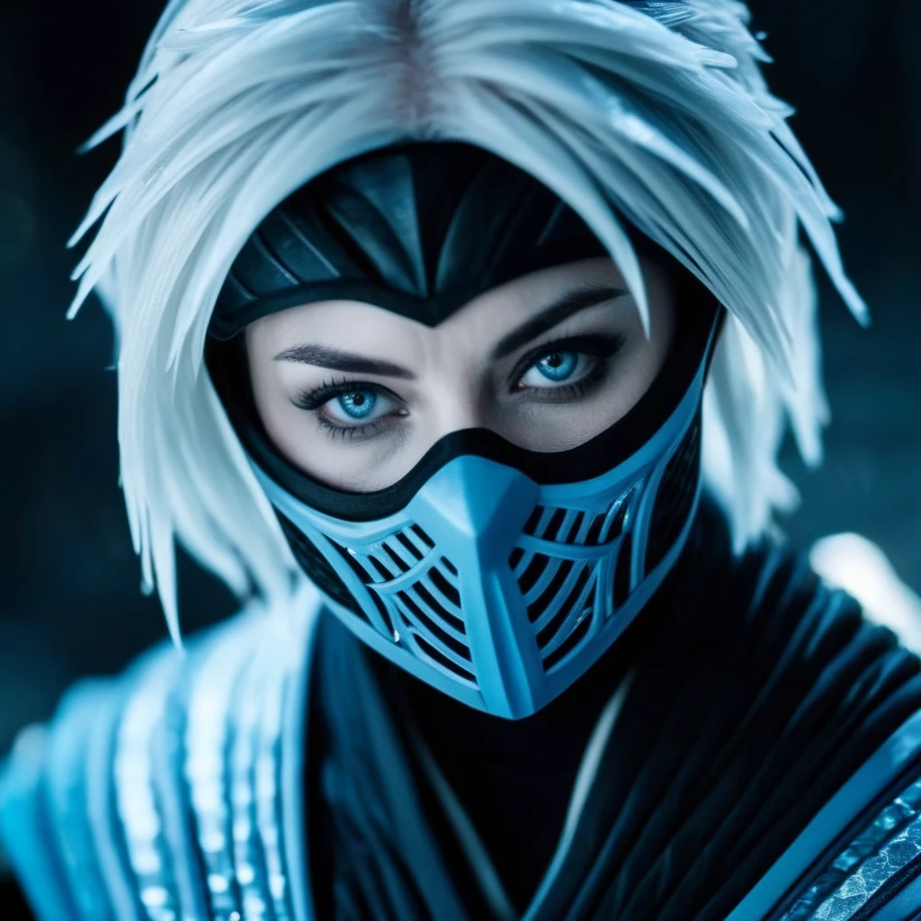 cinematic film still of <lora:Frost Mortal Kombat:1>
Frost Mortal Kombat a pale white cold skin woman with an ice frost hair and frost eyes and a black mask and a blue ninja costume, shallow depth of field, vignette, highly detailed, high budget, bokeh, cinemascope, moody, epic, gorgeous, film grain, grainy