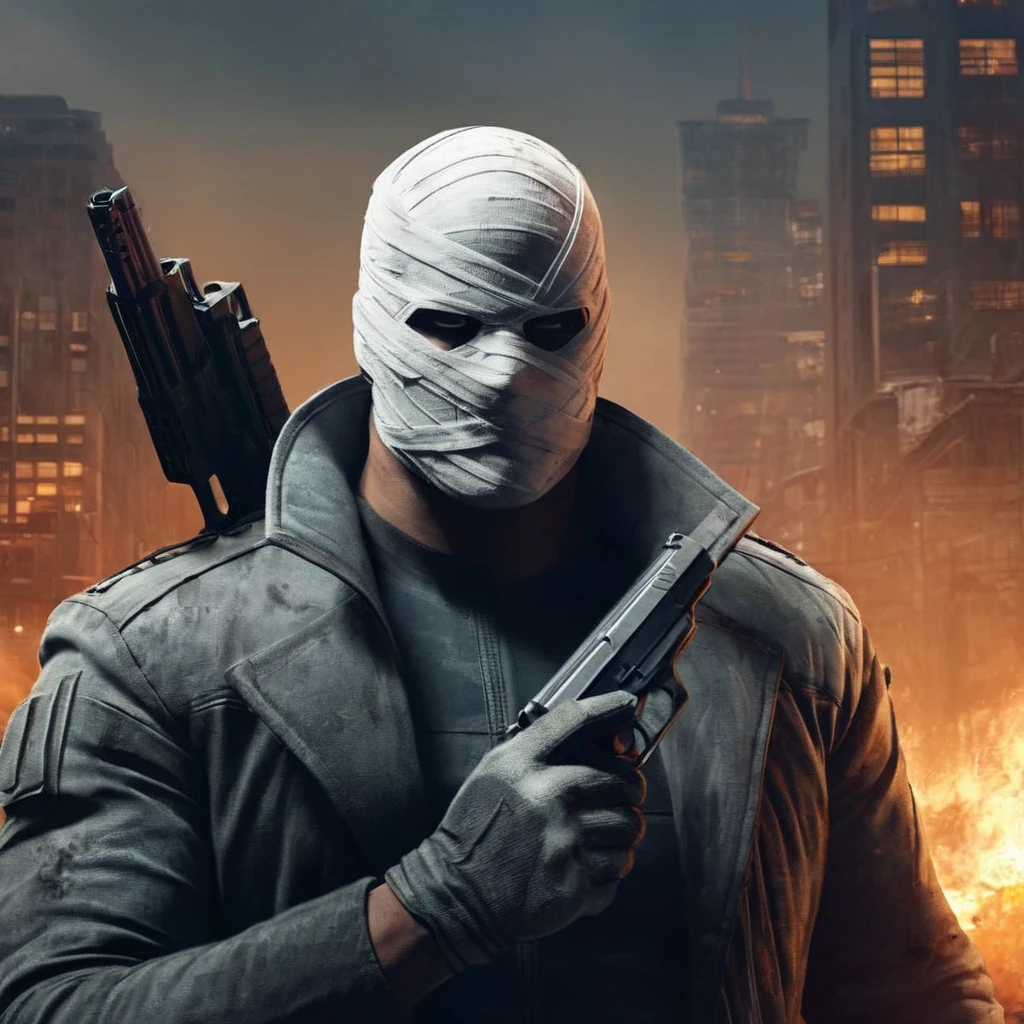 concept art of <lora:hush comic character:1>
hush comic character a man in a a face covered in bandages holding two guns, digital artwork, illustrative, painterly, matte painting, highly detailed