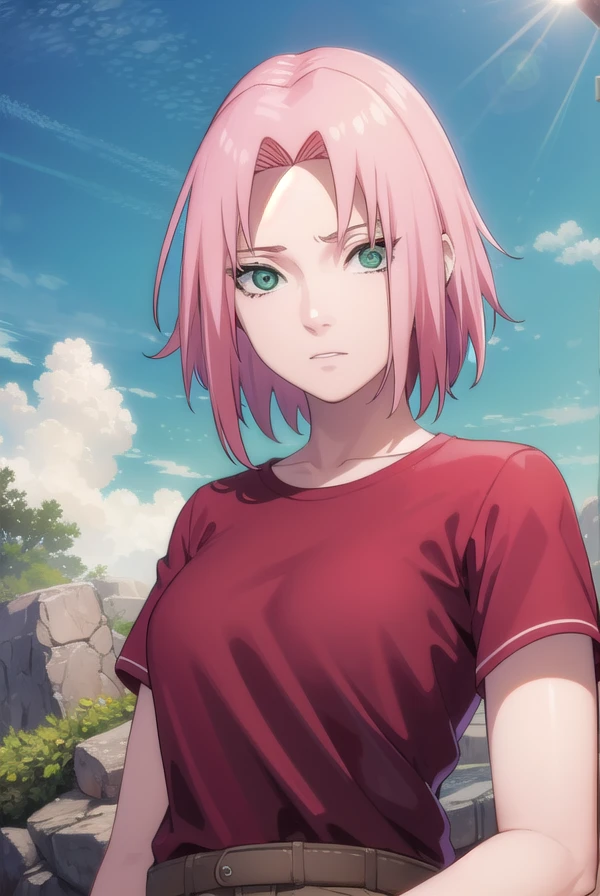 sakuraharuno, <lora:sakura haruno shippuuden-lora-nochekaiser:1>,
noheadband sakura haruno, short hair, (green eyes:1.5), pink hair,
BREAK shirt, (red shirt:1.5), short sleeves, vest,
BREAK outdoors, forest, sky, clouds, nature, sun,
BREAK looking at viewer, (cowboy shot:1.5),
BREAK <lyco:GoodHands-beta2:1>, (masterpiece:1.2), best quality, high resolution, unity 8k wallpaper, (illustration:0.8), (beautiful detailed eyes:1.6), extremely detailed face, perfect lighting, extremely detailed CG, (perfect hands, perfect anatomy),
