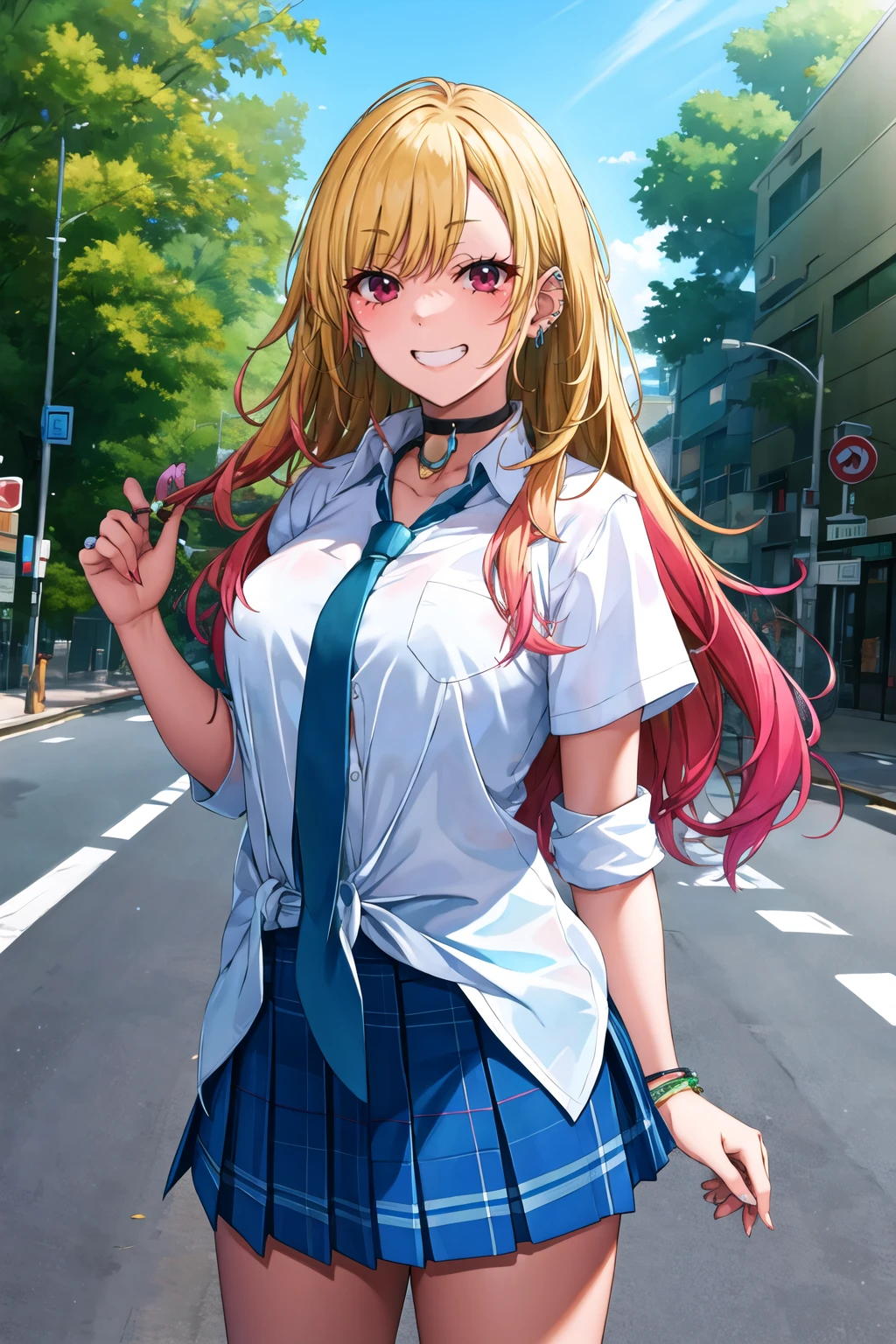 masterpiece, best quality, highres, kitagawa marin, 1girl, blonde hair, long hair, multicolored hair, red eyes, jewelry, earrings, piercing, school uniform, white shirt, tied shirt, black choker, blue necktie, plaid skirt, <lora:kitagawa_marin_v1-1:0.7>, grin, smile, standing, cowboy shot, outdoors,    <lora:Suruga-Style-000120:1>