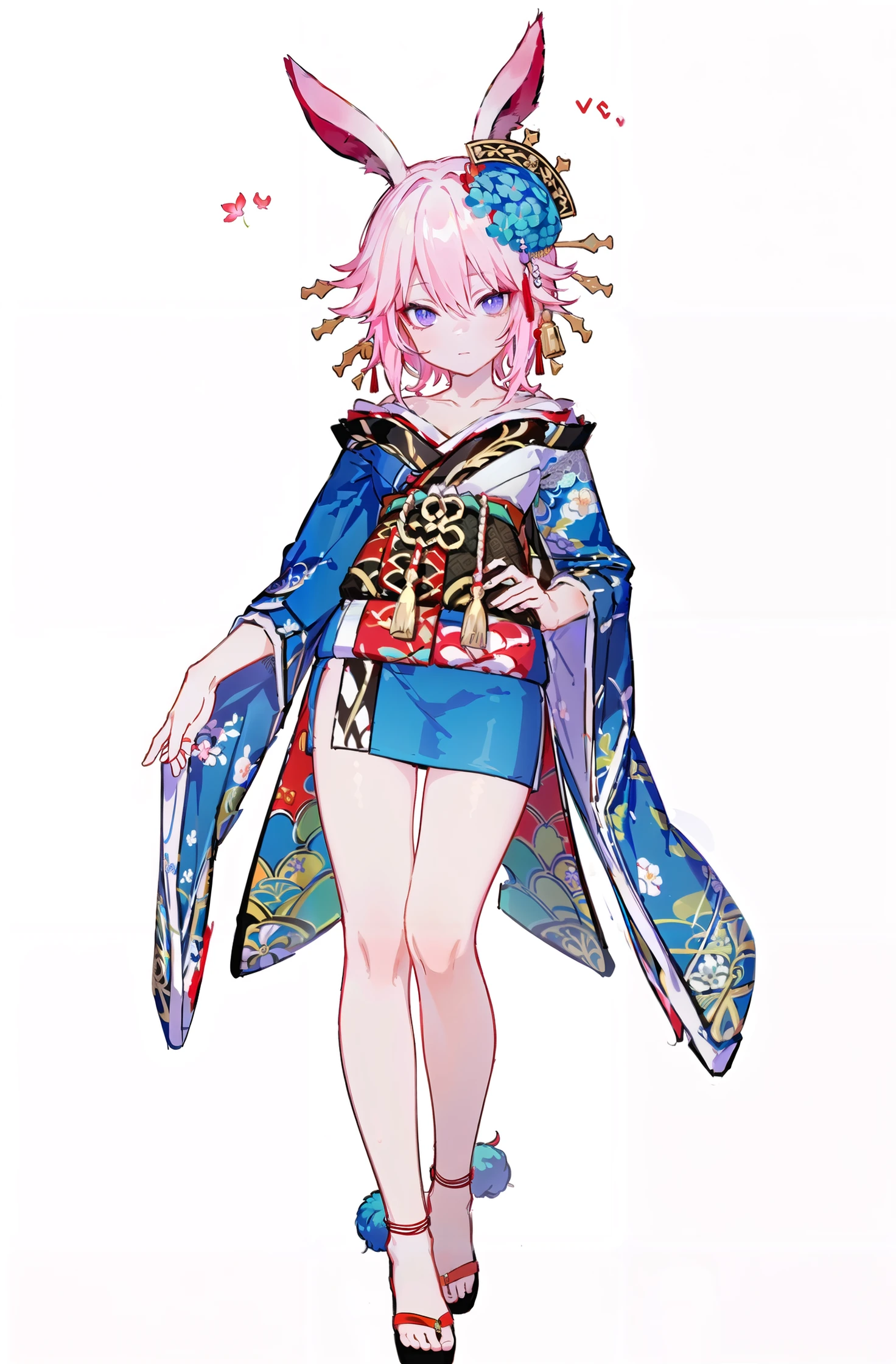 8k, best quality, masterpiece, (ultra-detailed:1.1), (high detailed skin),
(full body:1.2), white background, standing, looking at viewer, (solo:1.3), hand on hip,
<lora:huakui-v100:0.8:lbw=OUTALL>, huakui, hair ornament, blue kimono, pink hair, long animal ears, fox ears, flower, purple eyes, (single leg grab:1.3), miniskirt, ( rabbit ears:0.8),
(white background, simple background:1.4),
<lora:EnvyBetterHands LoCon_beta2 è¾
å©:0.55>, ( good hands, nice hands:0.5),
(beautiful_face), ((intricate_detail)), clear face,
((finely_detailed)), fine_fabric_emphasis,
((glossy)), full_shot,