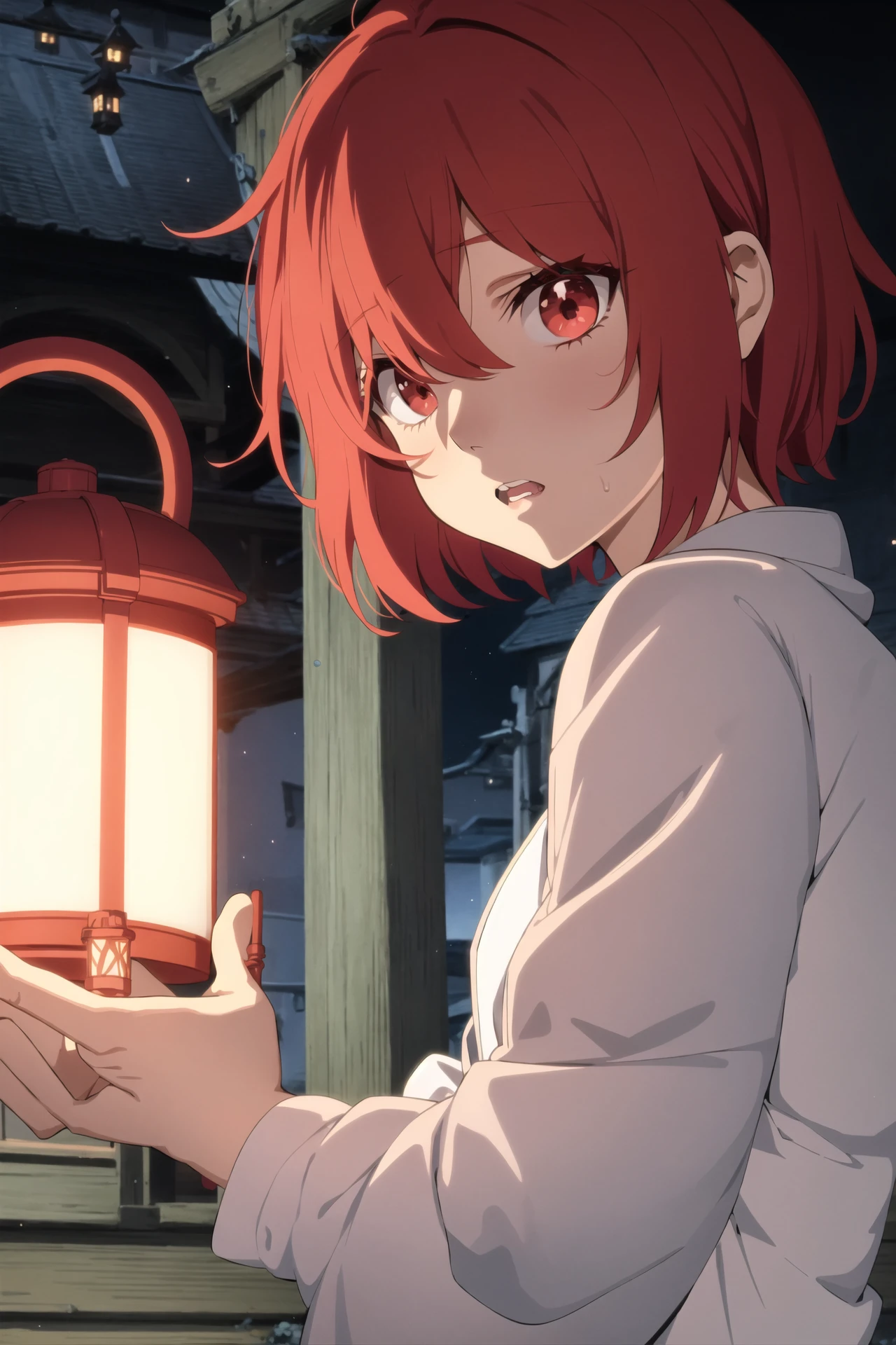 anime screencap, 1girl, solo, looking at viewer, short hair, open mouth, bangs, shirt, red eyes, long sleeves, 1boy, holding, hair between eyes, white shirt, upper body, male focus, red hair, parted lips, teeth, no humans, lantern, light, dark, holding lantern