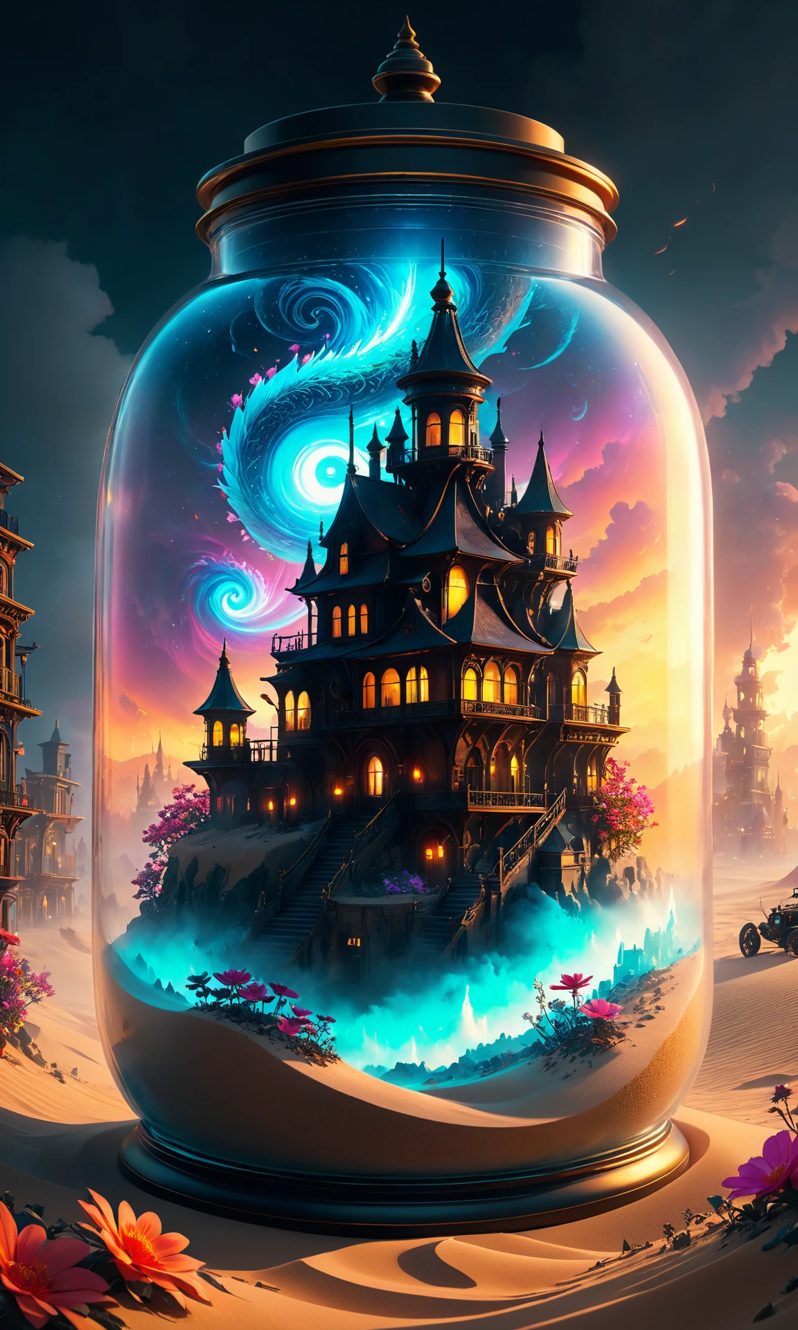 A steampunk style city inside a glass jar buried in sand, intricate detail, volumetric lighting, epic composition, hyper detailed, ultra realistic, sharp focus, octane render, candle volumetric, ray tracing, sense of awe, swirling mist. art by beeple and simon stalenhag, 8k resolution. vivid flowers with dragon eyes glowing deep <lora:Details:0.85>