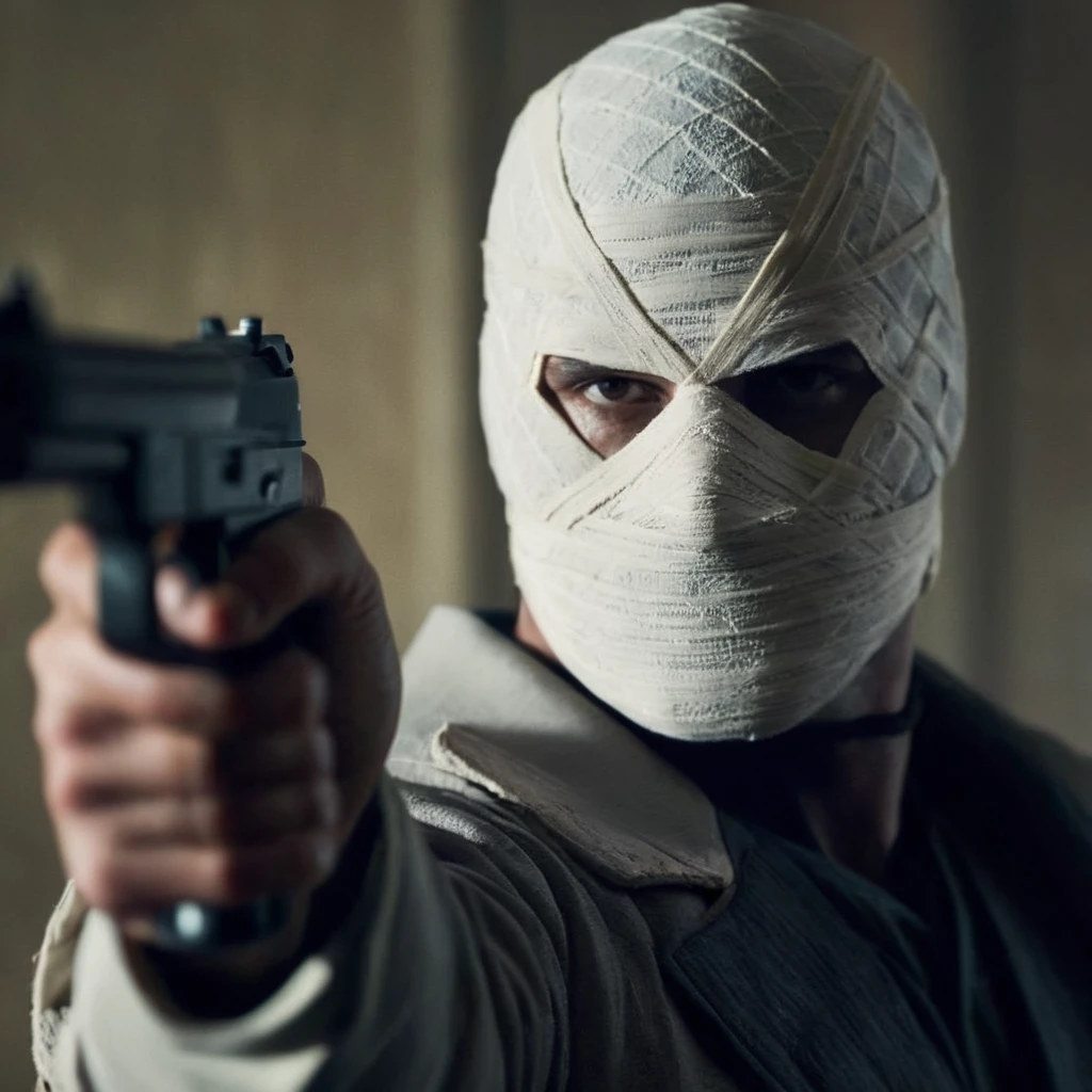 cinematic film still of <lora:hush comic character:1.5>
hush comic character a man in a a face covered in bandages holding 1gun, shallow depth of field, vignette, highly detailed, high budget, bokeh, cinemascope, moody, epic, gorgeous, film grain, grainy