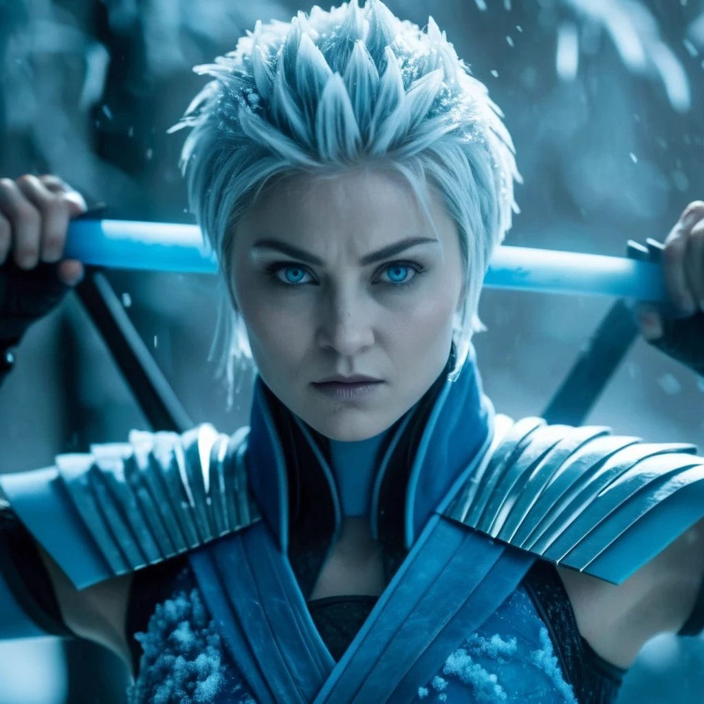 cinematic film still of <lora:Frost Mortal Kombat:1>
Frost Mortal Kombat a pale white cold skin woman with an ice frost hair and frost eyes in a blue ninja outfit in a ice storm place with many swords, shallow depth of field, vignette, highly detailed, high budget, bokeh, cinemascope, moody, epic, gorgeous, film grain, grainy