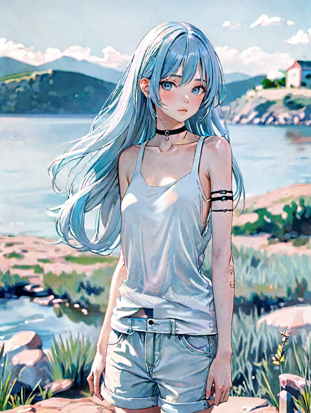 (anine:1.3),girl as the central focus. She should have long, light blue hair and wear a tank top and cropped pants. Additionally, she should be wearing a choker as an accessory. The background should complement the character's beauty and style, perhaps with a serene and dreamy landscape, soft pastel colors, and subtle lighting to enhance the overall aesthetic.