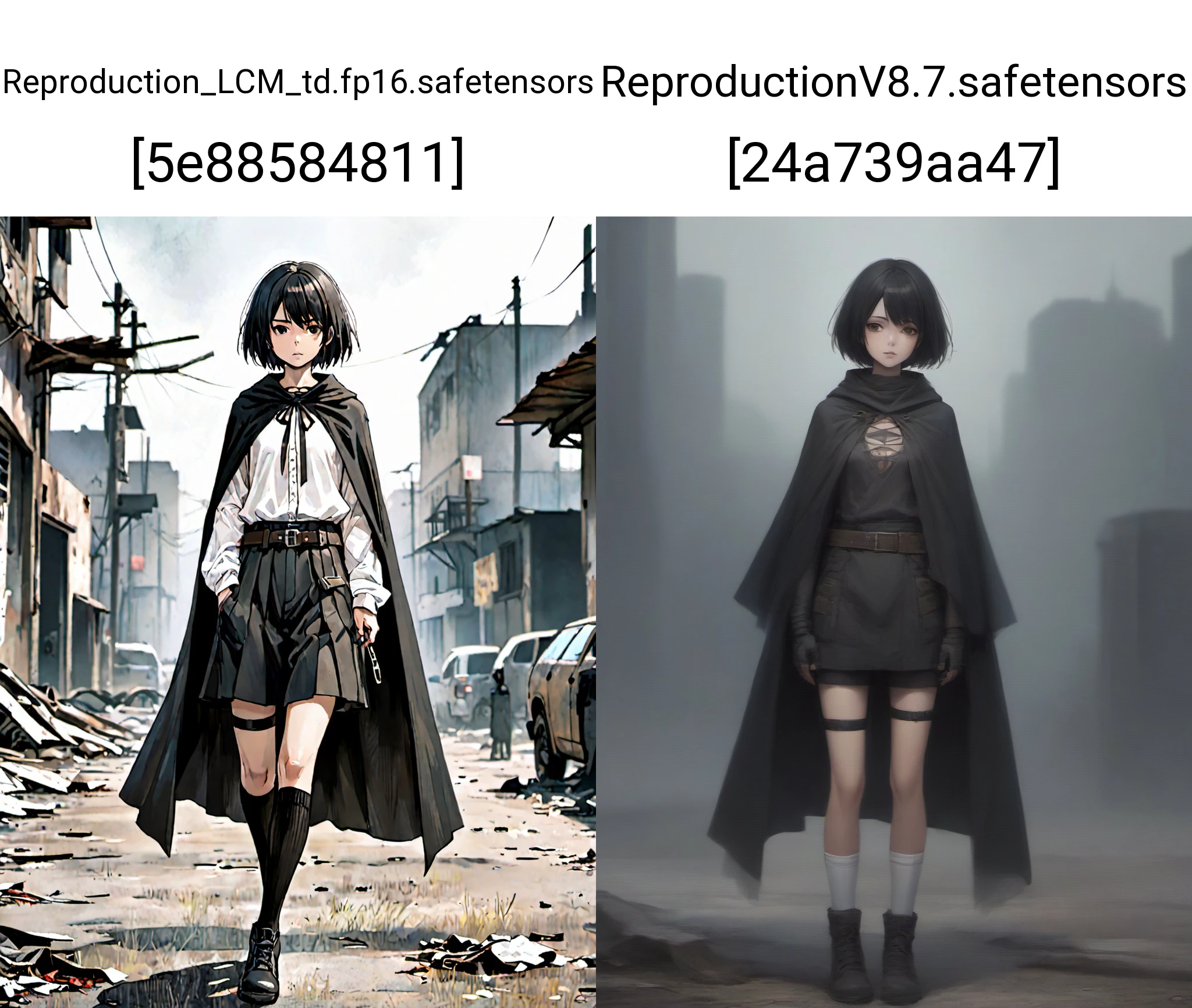 (anine:1.3),girl in a post-apocalyptic world. The character should have black short bob hair, brown eyes, and wear a black cloak de cour. She should also be wearing black shorts, lace-up boots, white long socks, and a white shirt with a chest harness. The overall style should reflect the gritty and dystopian nature of the post-apocalyptic setting while capturing the innocence and vulnerability of a girl.