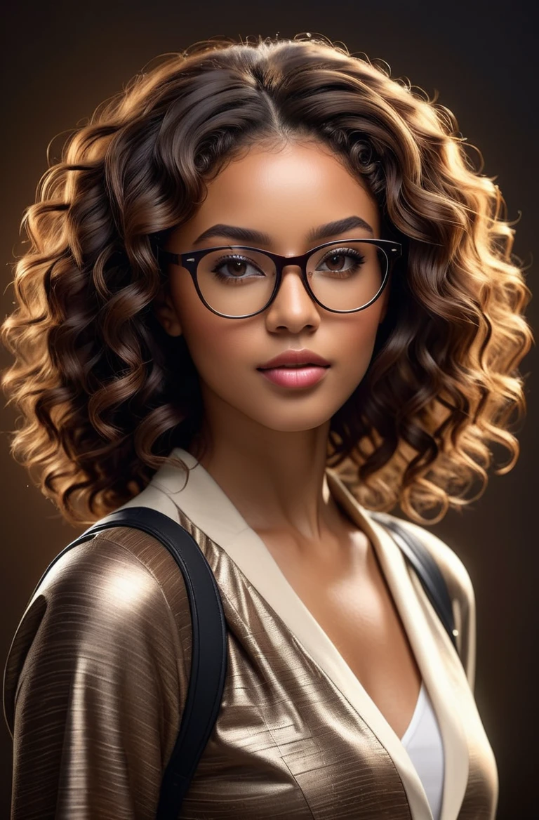 masterpiece of photography, highly detailed photorealistic scene, volumetric lighting, short light skinned black female, long curly with no frizz brown hair, glasses, brown eyes, no imperfections, random dynamic background