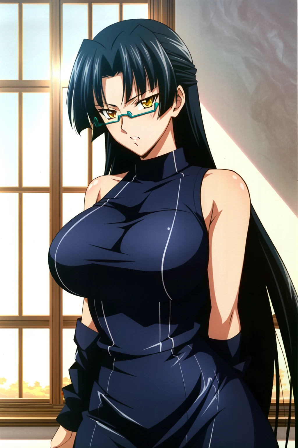 masterpiece, best quality, highres, 1girl kaori saeki, but with exposed breasts, skin tight red skirt, black thigh high stockings, classroom, cowboy shot, horny, looking at viewer, focus solo