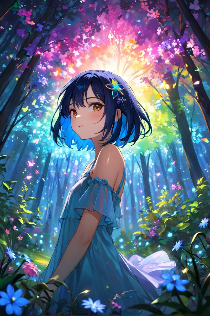 extreemely detailed, light particles floating, kneeling in the forest watching spirits, eerie aura,
chromatic aberration, colorful forest lights during night time, oily skin,
dynamic angle, colorful glowing flowers, night,
hair ornament, intrincate clothing, sexy, high definition photo, ultra detailed skin, ultra detailed face, small skin imperfections, 1girl, Blunt haircut, small boobs, flat chest, Boyish body, black eyes, Navy blue hair