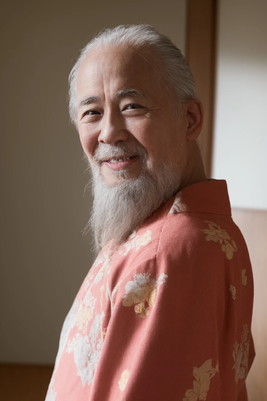 myjc, (japanese, realistic, detailed, beautiful), (natural lighting:1.2), smile, 
portrait of beard old man in kimono standing at room, looking at viewer
<lora:myjc_v3n:1:0.7>