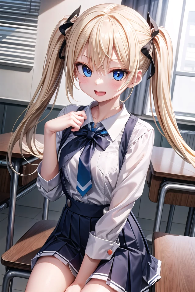 insanely detailed, absurdres, ultra-highres, ultra-detailed, best quality,
1 girl, solo, 16 years old, nice hands, perfect hands,
BREAK,
wearing summer school uniform,
evil smile, open mouth,
sitting,
45 angle, cowboy shot, looking at viewer,
BREAK,
slender, kawaii, perfect symmetrical face, ultra cute girl, ultra cute face, ultra detailed eyes, ultra detailed hair, ultra cute, ultra beautiful,
by Canon EOS, SIGMA Art Lens 35mm F1.4, ISO 200 Shutter Speed 2000,
BREAK,
indoors, in classroom,
blonde hair, twintails, blue eyes