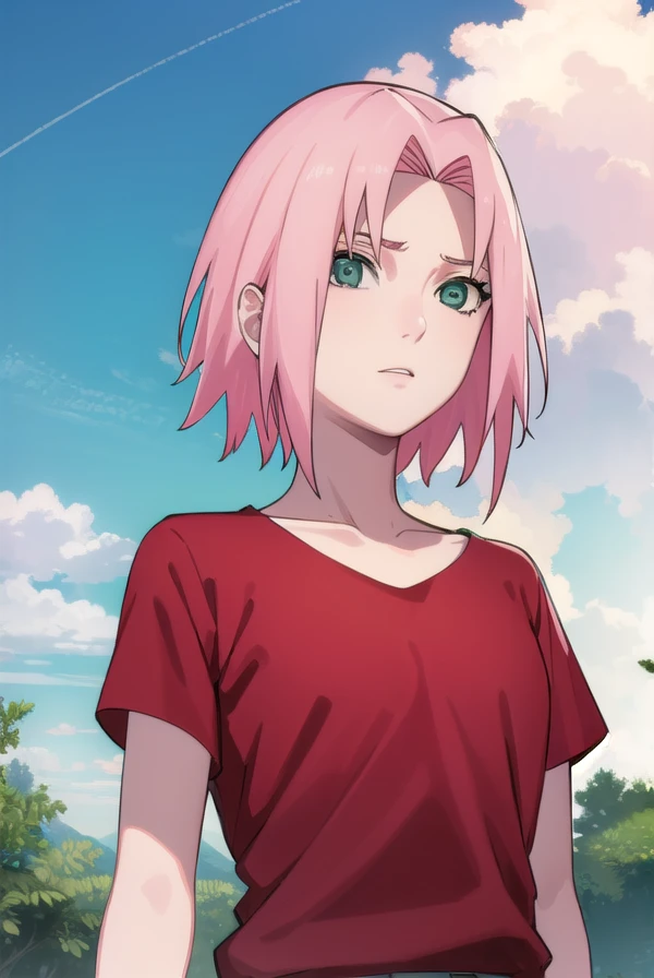 sakuraharuno, <lora:sakura haruno shippuuden-lora-nochekaiser:1>,
noheadband sakura haruno, short hair, (green eyes:1.5), pink hair,
BREAK shirt, (red shirt:1.5), short sleeves, vest,
BREAK outdoors, forest, sky, clouds, nature, sun,
BREAK looking at viewer, (cowboy shot:1.5),
BREAK <lyco:GoodHands-beta2:1>, (masterpiece:1.2), best quality, high resolution, unity 8k wallpaper, (illustration:0.8), (beautiful detailed eyes:1.6), extremely detailed face, perfect lighting, extremely detailed CG, (perfect hands, perfect anatomy),