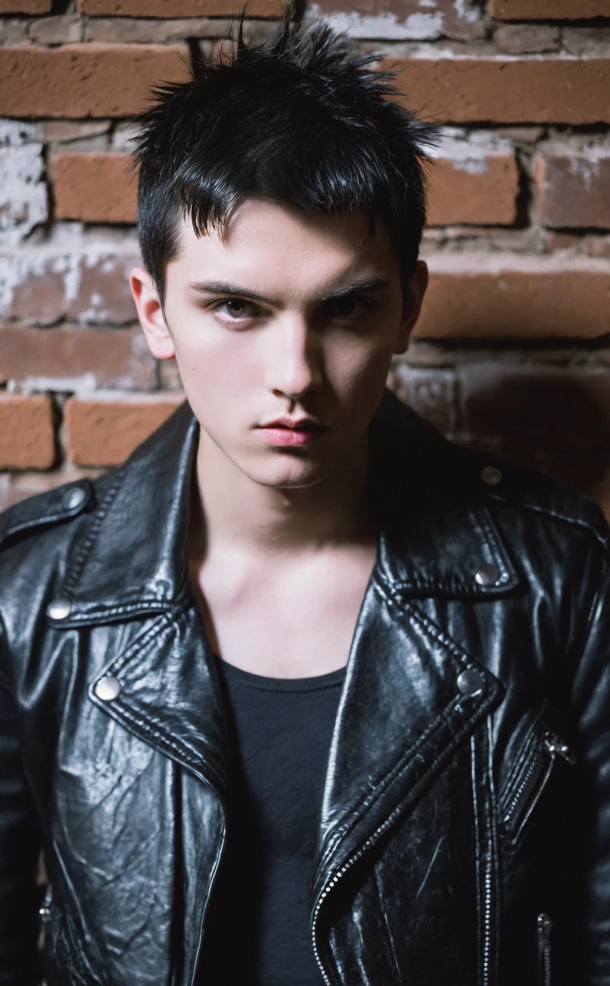 1boy,upper body,black cropped hair,looking at viewer,steely gray eyes,indoors,grunge brick wall background,black leather jacket,cool white lighting,chiseled features,intense gaze,modern rebel,