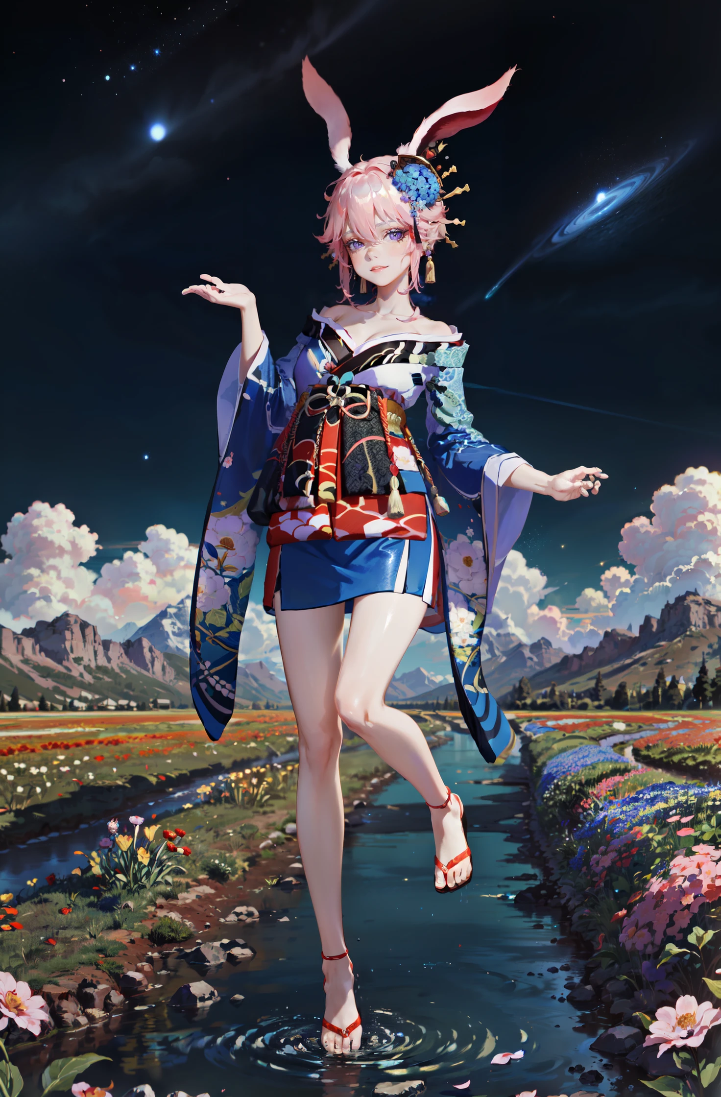 (Masterpiece, best quality,), 8k wallpaper, UHD, extra detailed, great view, alpine, looking away, lake, flower field, landscape, wavy, night sky, star sky, galaxy, planet on the sky, 
[ standing | kneeling | jumping |wariza], 
full body, smile, looking at viewer, 
<lora:huakui-v100:0.75:lbw=OUTALL>, huakui, hair ornament, blue kimono, pink hair, long animal ears, fox ears, flower, purple eyes, (single leg grab:1.3), miniskirt, ( rabbit ears:0.8), makeup, 
<lora:EnvyBetterHands LoCon_beta2 è¾å©:0.55>, 
( good hands, nice hands:0.5), (beautiful_face), ((intricate_detail)), clear face, 
((finely_detailed)), fine_fabric_emphasis, ((glossy)), full_shot,