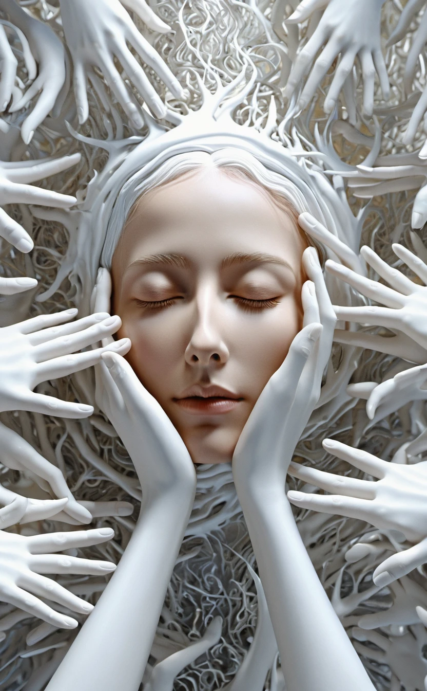 (masterpiece, best quality, high resolution), white hands emerging from a singularity, sleeping face, many hands, vortex, intricate detail, 8k, hdr