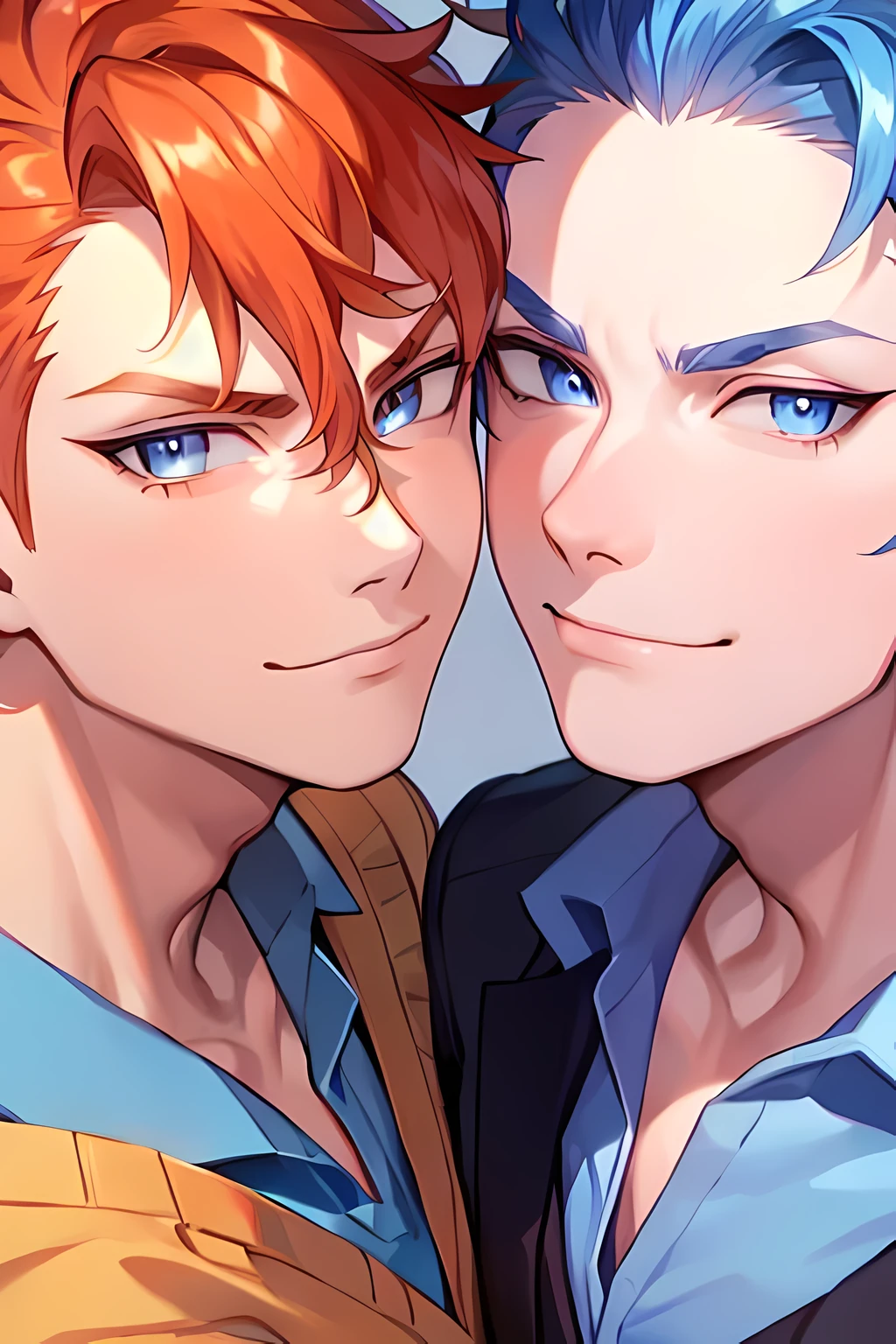 (best quality:1.3), (masterpiece:1.2), house background, best quality, highres, male, muscular male, male focus, 2boys, shiny, (traditional_media, portrait, close-up:1.4), ((blue shirt, blue hair, blue eyes, (open eyes, wide eyes), school uniform), (smug face, closed mouth)), ((peace sign, orange hair, orange eyes), peace), neuvillette