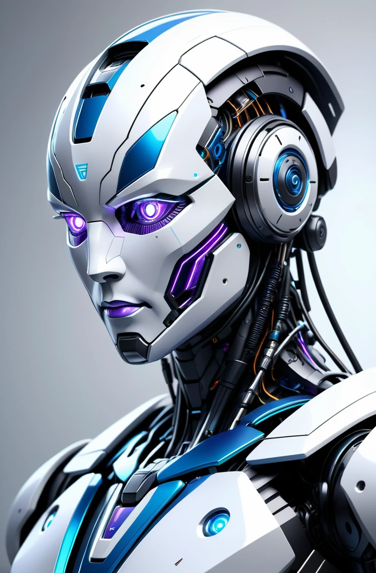 Transform a robot's face into a half-cyborg, old, half-Al hybrid, utilizing colors commonly associated with Al blue and purple. Render the image in 4K resolution, and include a sleek logo. Emphasize hyper-realistic features and subtle details, blurring the line between human and machine. Inspired by the art of Yoshitaka Amano, this image should be a unique blend of science and humanity, showcasing the creative potential of Al in the digital age.