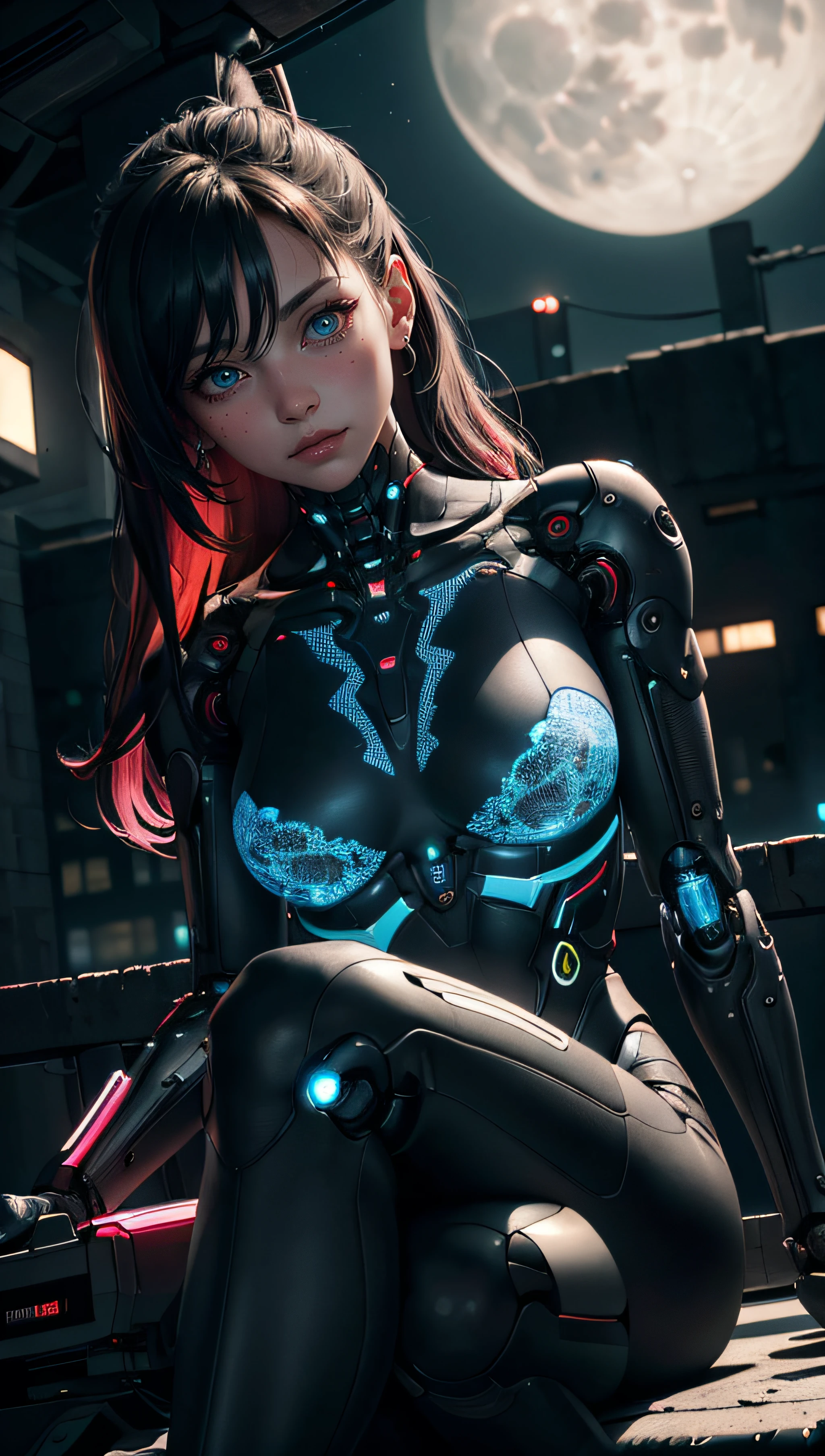 (best quality, masterpiece, colorful, dynamic angle, highest detailed)upper body photo, full body photo, fashion photography of cute 1girl, mechanical arms, cyborg, dark mood, dystopia, glowing, looking at viewer, sitting, long hair, bokeh (intricate details, hyperdetailed:1.15), detailed, moonlight passing through hair, (official cyberpunk art, extreme detailed, highest detailed), HDR+