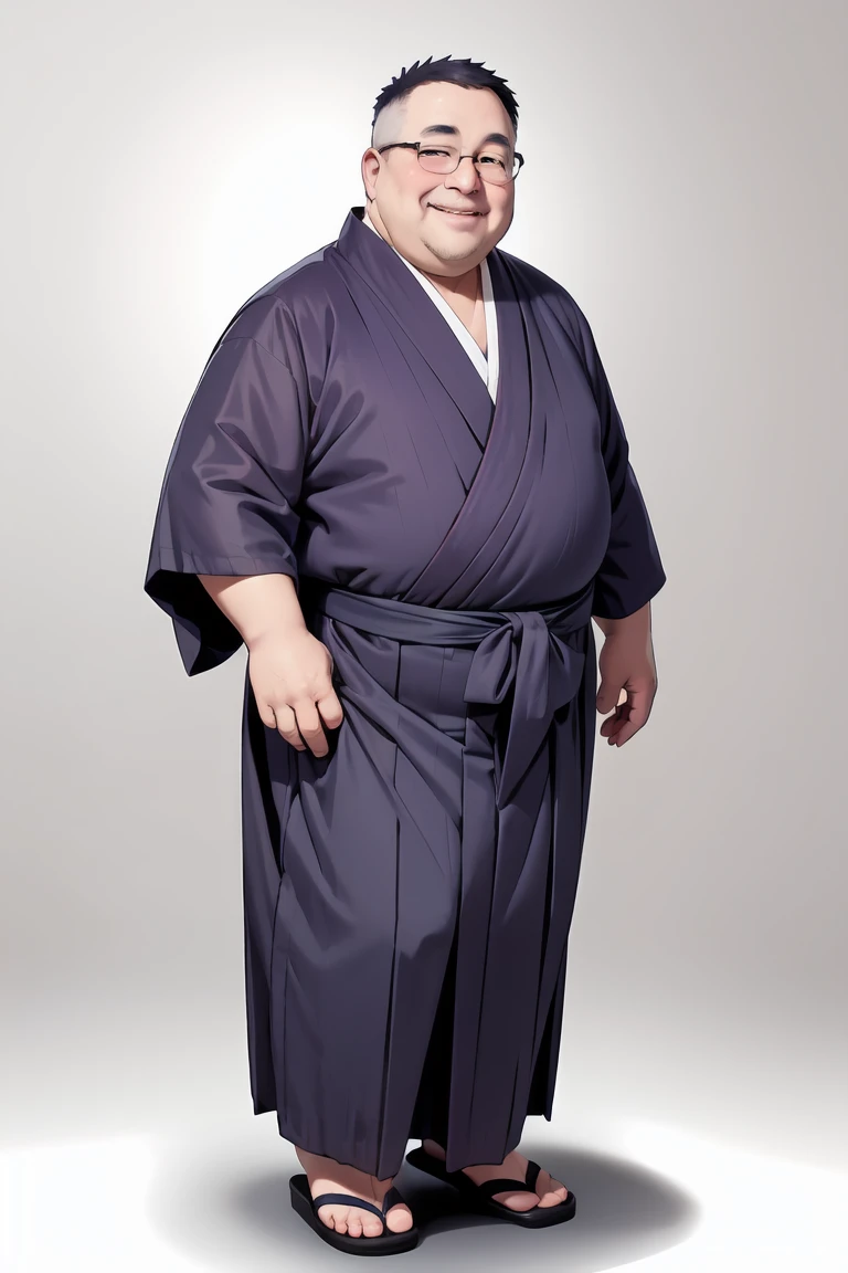masterpiece,(high quality, best quality:1.2),smile,(mature fat man:1.4), (white hakama:1.5), glasses, full body, zouri
