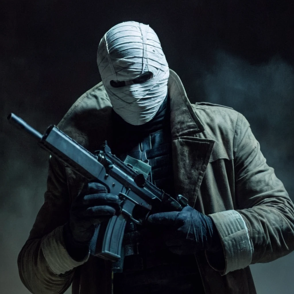 Horror-themed, <lora:hush comic character:1.5>
hush comic character a man in a costume holding 2 guns with a face covered in bandages, Eerie, unsettling, dark, spooky, suspenseful, grim, highly detailed