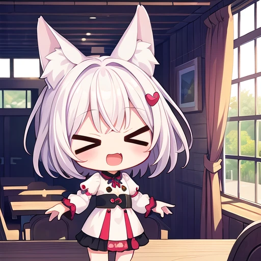 <lora:hotarueye_comic1_v100:1>, 1girl, (chibi:1.4), smile, open mouth, upper body, standing, animal ear, white hair, indoors