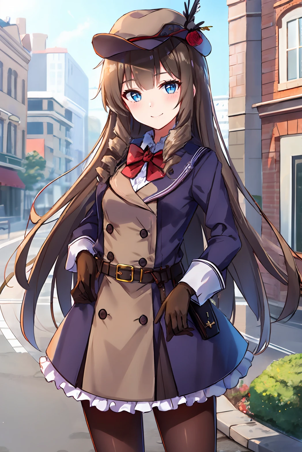 (masterpiece), (best quality), (ultra-detailed), (best illustration), <lora:GoodHands-vanilla:1>, 
1girl, solo, <lora:howa64gfl_test:1>, howa64gfl, black hair, long hair, drill hair, twin drills, blue eyes, bangs, gloves, long sleeves, hat, detective, brown headwear, red bow, bowtie, coat, buttons, brown belt, brown pantyhose, 
BREAK outdoors, 
BREAK standing, cowboy shot, light smile,