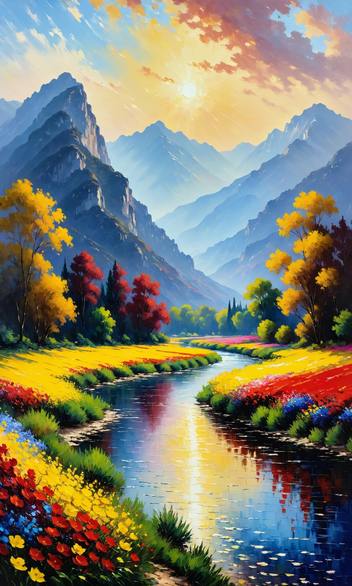 The most beautiful panoramic landscape, oil painting in the style of Monet. "The sky is a deep blue and dark red color. The river has a lot of flowers that go down to it's center towards the camera, and there are mountains on the background. The sky is very windy and serene, and the trees around are bright yellow with warm light <lora:Details:0.85>