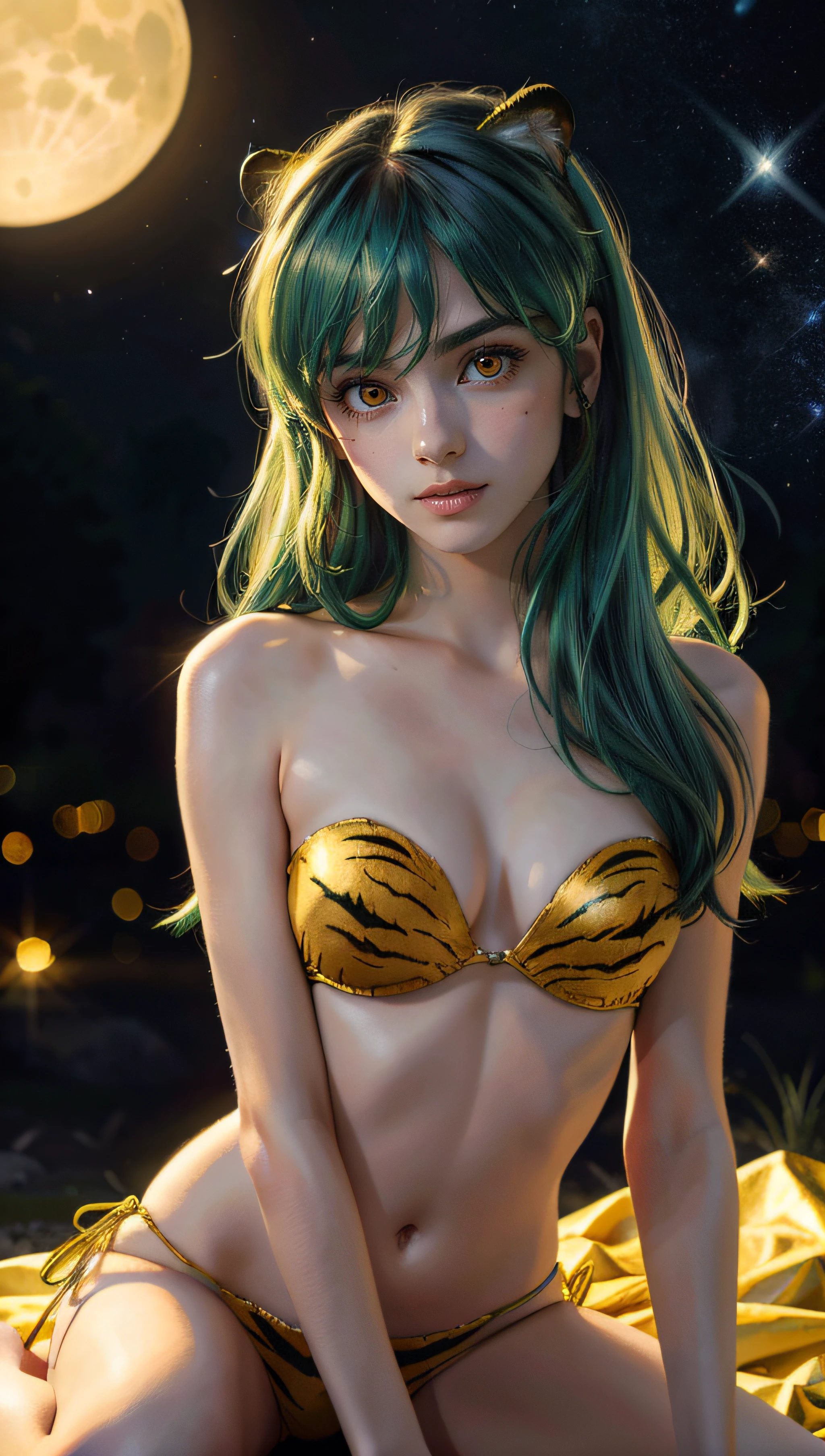(best quality, masterpiece, colorful, dynamic angle, realistic)\Lum\, upper body photo, fashion photography of cute, intense long green hair, orange eyes, tiger print, strapless bikini, yellow boots, yellow little horns, small horns, \Lum\, <lora:lum4:0.6> (ultrahigh resolution textures), in dynamic pose, bokeh, (intricate details, hyperdetailed:1.15), moonlight passing through hair, perfect night, (fantasy background), (official art, extreme detailed, highest detailed), HDR+