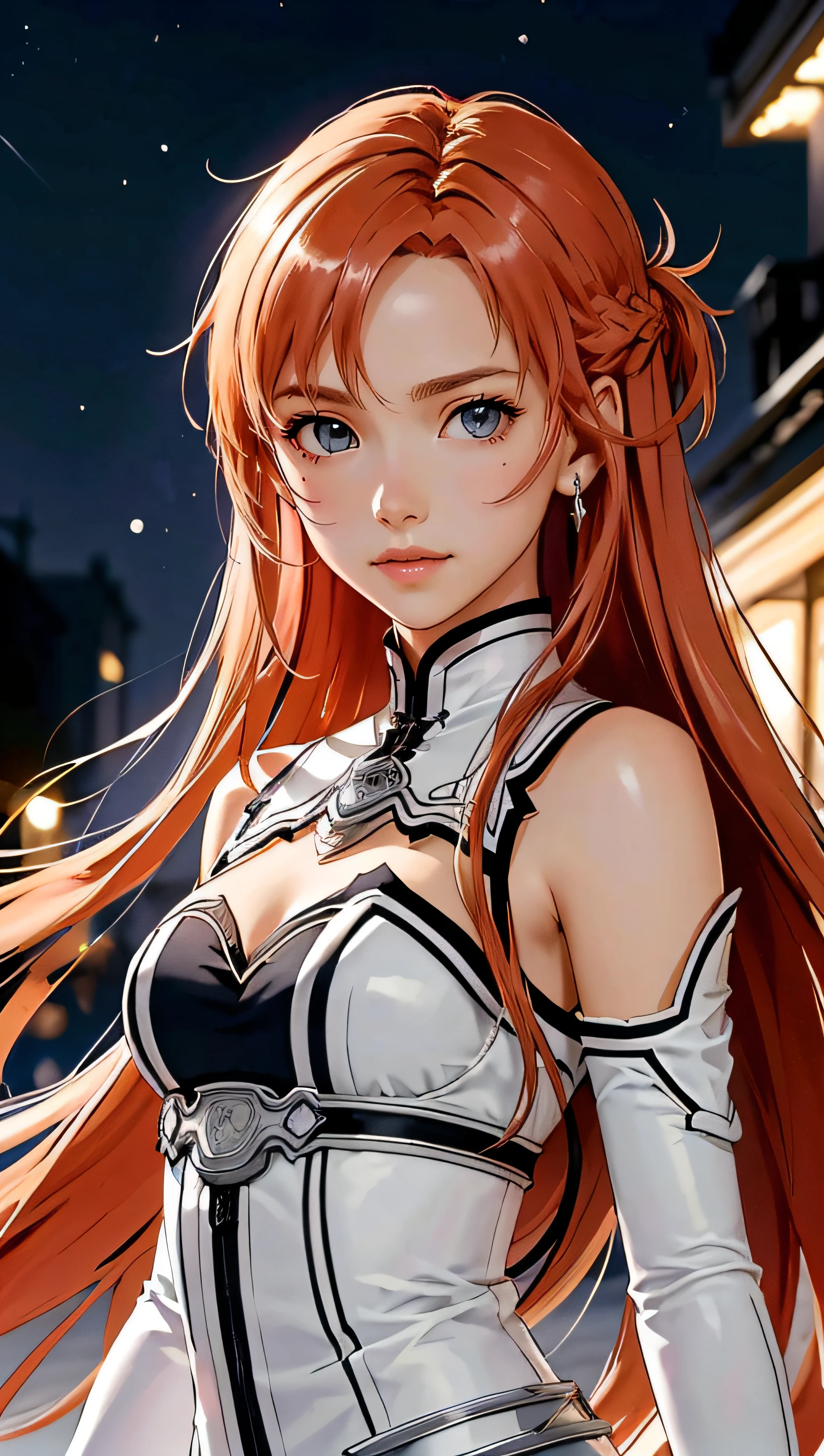(best quality, masterpiece, colorful, dynamic angle, highest detailed) upper body photo, fashion photography of cute, intense long red hair, (\Asuna Yuuki\)\(sword art online\) <lora:asuna_(sao)_v1:0.6>,(ultrahigh resolution textures), in dynamic pose, bokeh, (intricate details, hyperdetailed:1.15), detailed, moonlight passing through hair, perfect night, fantasy background, (official art, extreme detailed, highest detailed), HDR+