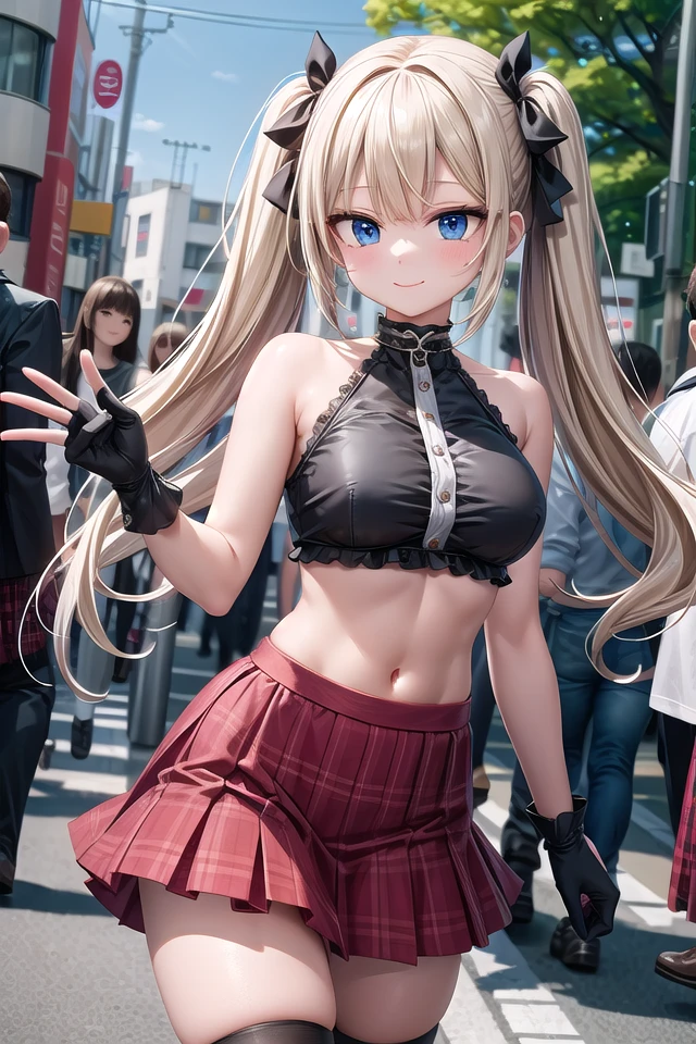 <lora:eyecolle_susuki_v100:0.8>
insanely detailed, absurdres, ultra-highres, ultra-detailed, best quality,
1 girl, solo, , nice hands, perfect hands,
BREAK
(black crop-top with ruffles:1.4), ((sleeveless, bare shoulders):1.3), (navel, collarbone:1.2), ((black opera gloves, black long gloves):1.3),
((ruffle-skirt, multilayer-skirt):1.3), (red tartan-check pleated skirt:1.4), (black and white (striped-pattern over knee socks):1.3), (red lace-up boots:1.2), (choker, Bangles, chain, silver accessories:1.2),
BREAK
happy smile, laugh, closed mouth, walking, 45 angle, cowboy shot, looking at viewer,
BREAK
slender, kawaii, perfect symmetrical face, ultra cute girl, ultra cute face, ultra detailed eyes, ultra detailed hair, ultra cute, ultra beautiful,
BREAK
in harajuku, shibuya, tokyo, street, crowd, cityscape,
BREAK
large breasts, blonde hair, medium hair, messy hair, blue eyes, twintails