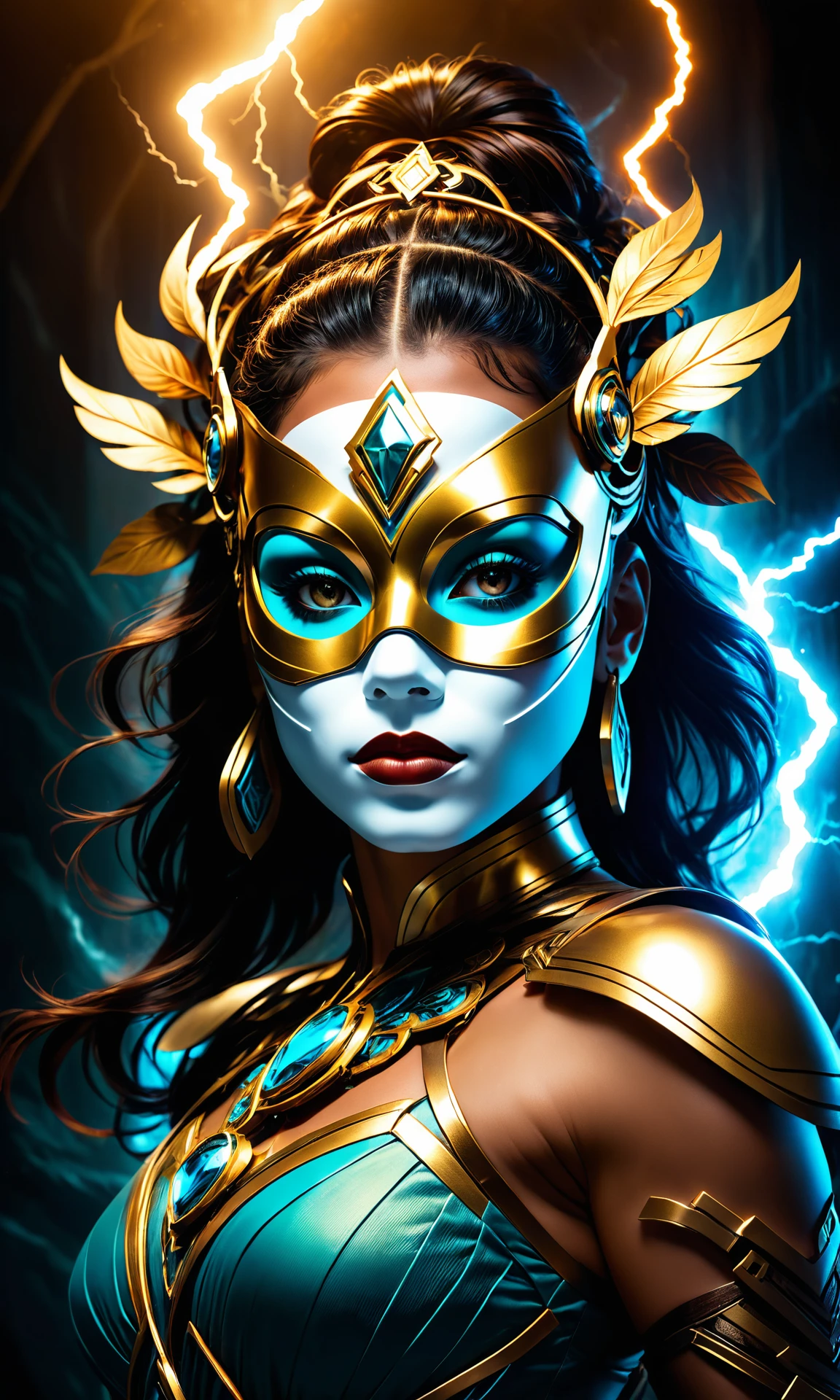 A creative studio portrait of amazonian woman with a mask that is made out digital painting, concept art, cgsociety, hyper-realistic, octane render, cinematic lightning, 8k hd artwork, detailed, intricate, dramatic lighting, beautiful masterpiece by Artgerm and Greg Rutkowski and Alphonse Mucha, trending on DeviantArt artstation <hypernet:BadHands:1> <lora:Details:0.85>