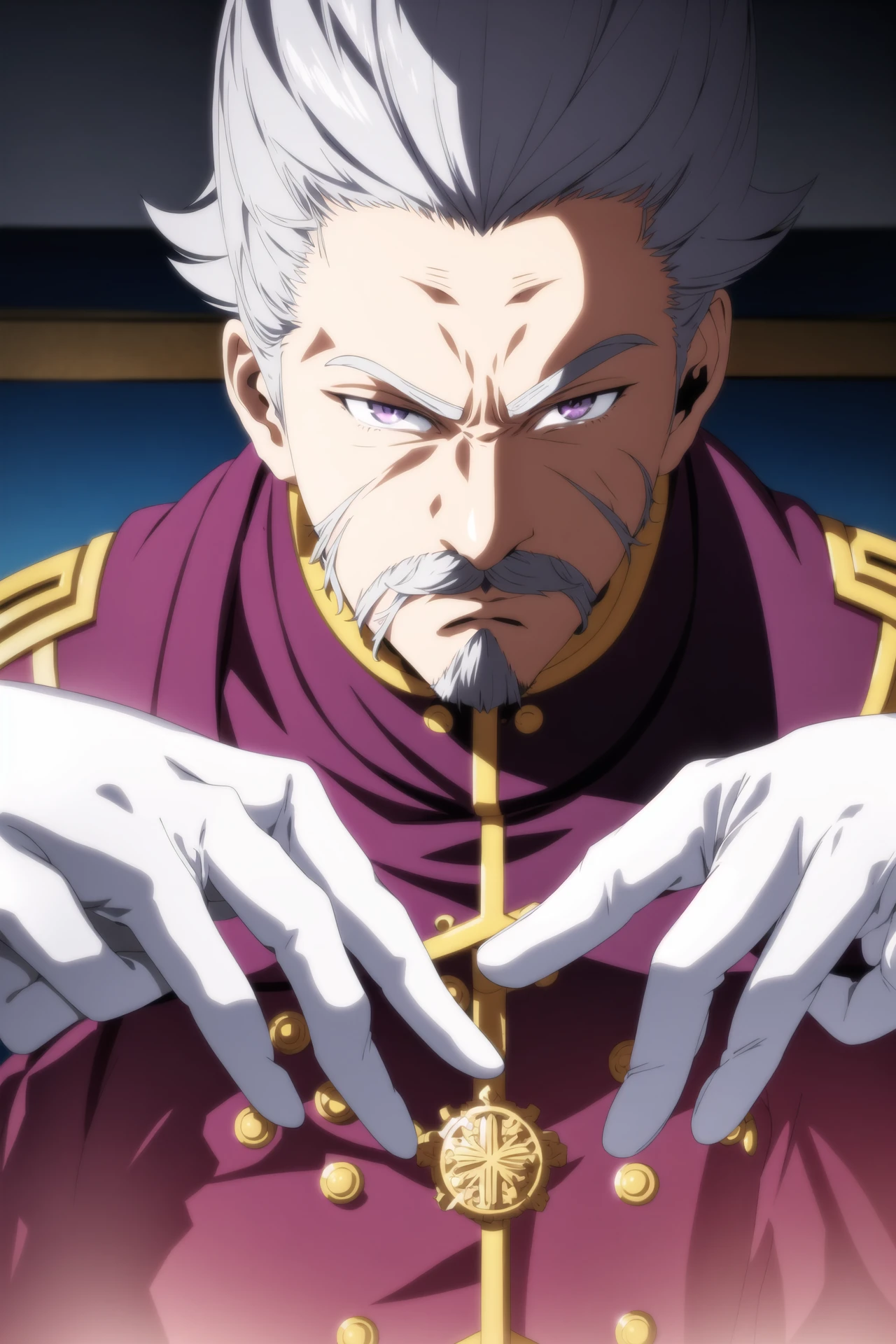 anime screencap, solo, looking at viewer, gloves, 1boy, sitting, purple eyes, upper body, white hair, grey hair, male focus, white gloves, uniform, grey eyes, facial hair, scar, chair, parody, own hands together, interlocked fingers, mustache, own hands clasped