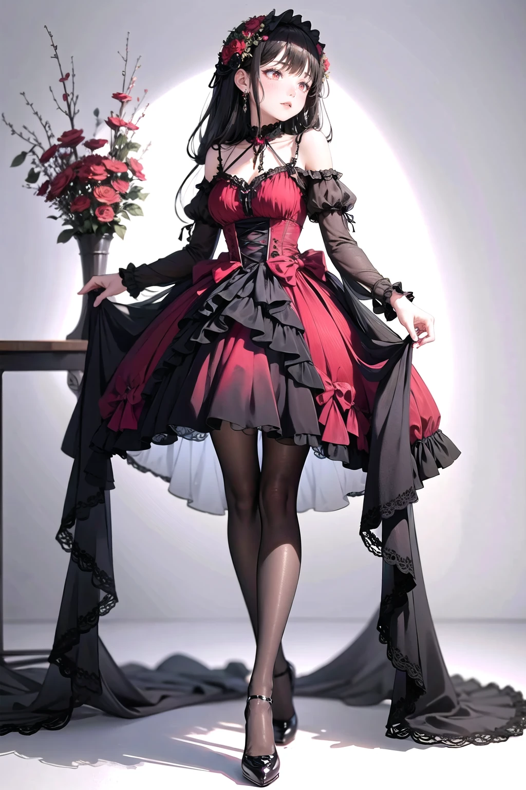 <lora:wrenchlogown:1>, wrenchlogown, pantyhose, high heels, frills, flower, red dress, embroidery, accessories, jewelry,