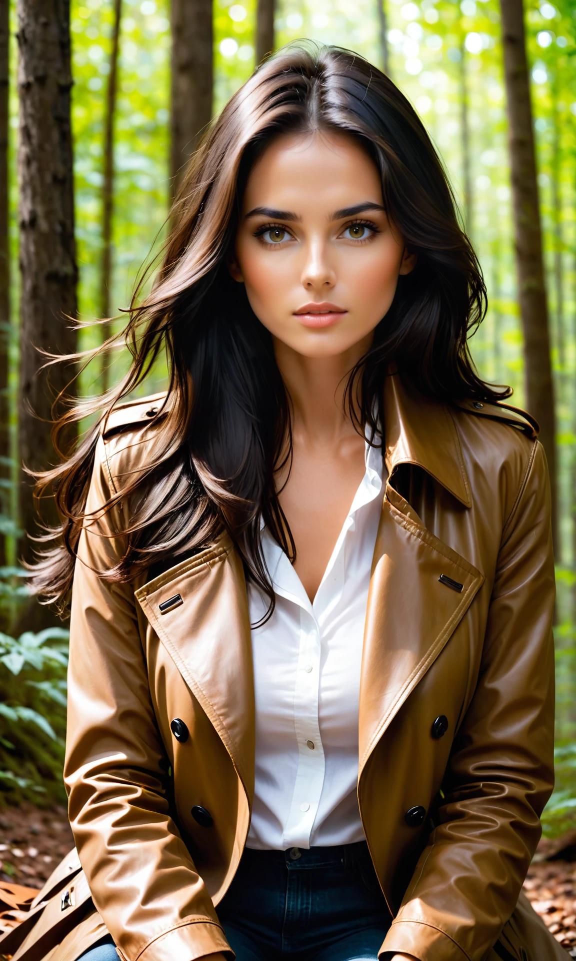 A beautiful woman with a long dark hair, sitting in the forest. He looks straight into the camera and is holding a brown leather jacket, and has white shirt on, and she's wearing a brown trench coat over a white shirt. She's face are visible, and her hair was flowing down, and she can do a warm glow around her, she has a gentle expression <lora:Details:0.85>