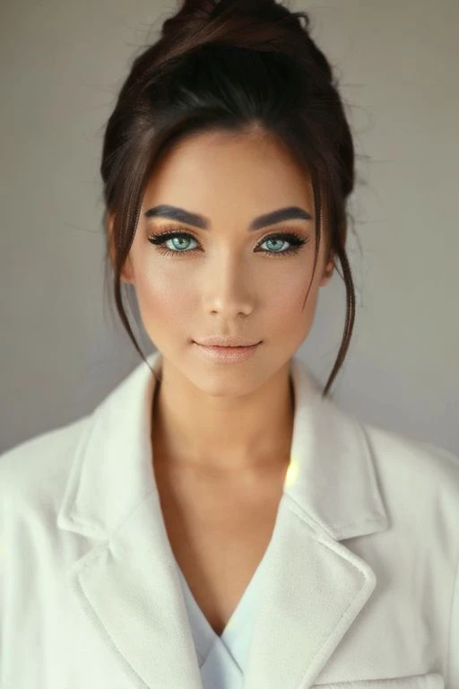 'p3x3ls style photo', a woman with a white coat and yellow eyeliners