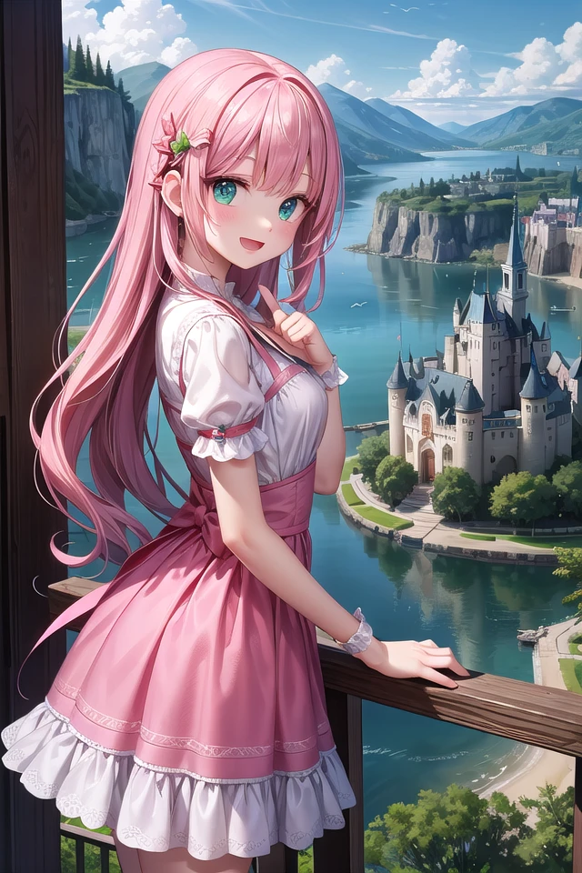 insanely detailed, absurdres, ultra-highres, ultra-detailed, best quality,
1 girl, solo, nice hands, perfect hands,
BREAK,
(wearing princess dress), teara,
happy smile, laugh, open mouth,
standing,
from side, cowboy shot, looking at viewer,
BREAK,
slender, kawaii, perfect symmetrical face, ultra cute girl, ultra cute face, ultra detailed eyes, ultra detailed hair, ultra cute, ultra beautiful,
BREAK,
fantasy world, (castle in background, lake:1.3), (very wide, panorama view, sense of depth, magnificent view:1.3)
BREAK,
princess girl, pink hair, green eyes, medium breasts