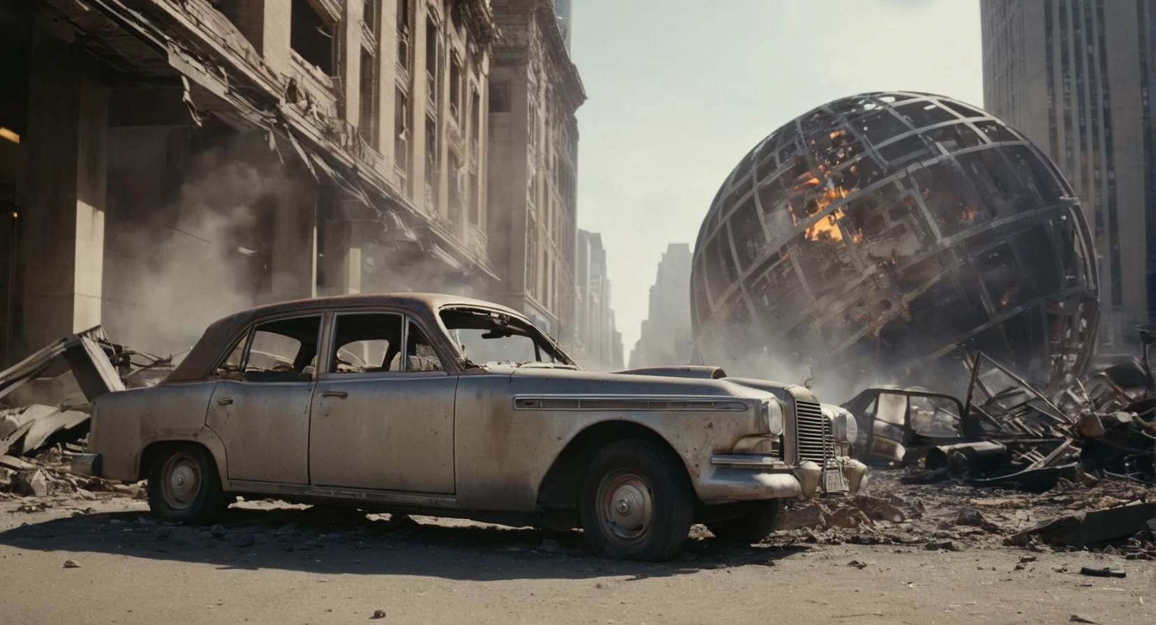 cinematic film still of  <lora:Metropolis City:1>
metropolis city a wrecked car is parked next to a destroyed daily planet golden globe in a destroyed city with fire and explosion in background, shallow depth of field, vignette, highly detailed, high budget, bokeh, cinemascope, moody, epic, gorgeous, film grain, grainy