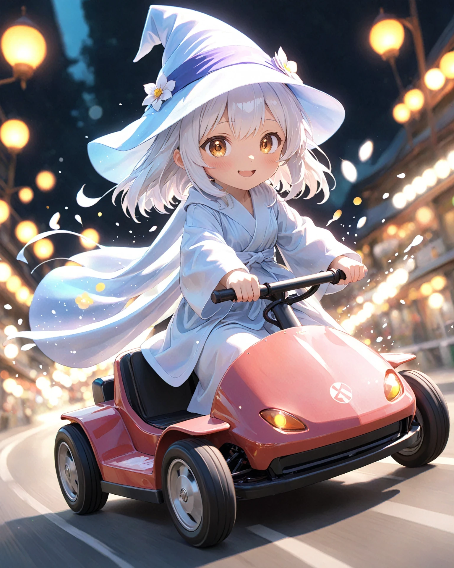 anime, cute girl driving gocart, high speed, motion blur, wizard hat, robe, happy, bloom, ambient occlusion, bokeh, transparent, translucent