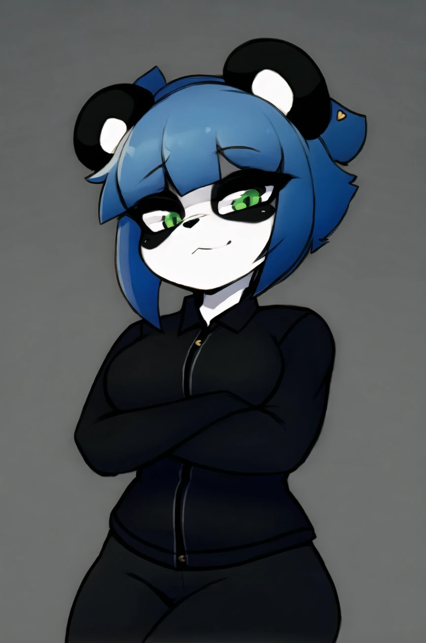 <lora:Nuwa_TV:1> masterpiece, furry, (black and white fur), girl, best quality, animal nose, eye marking, gold hearts, Nuwa Nightstone, green eyes, blue hair, (panda girl), panda ears, expressionless, (black jacket), black cargo pants, simple background, crossed arms, looking at viewer, from below