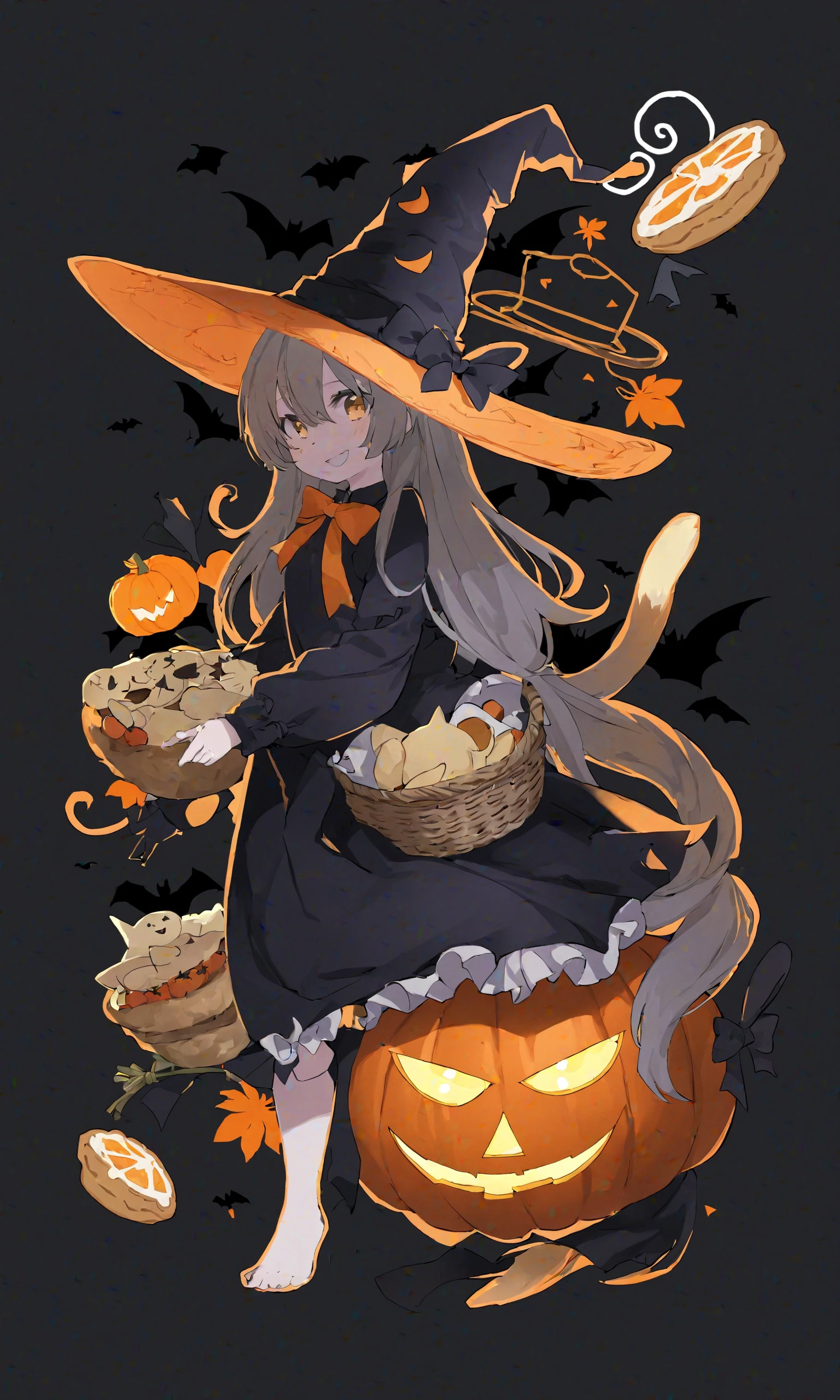 illustrious,1girl, solo, smile, cat girl, witch, witch hat, hat bow, long hair, cat ears, ears through headwear, hair over one eye, black dress, long sleeves, tail ornament, tail bow, cat tail, bow, orange bow, basket, holding basket, bread, candy, carrot, cheese, cookie, halloween, jack-o'-lantern, orange \(fruit\), orange flower, pancake, pumpkin, sandwich, vegetable, grey background