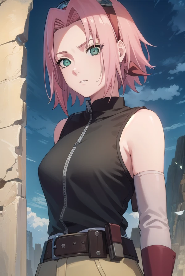 sakuraharuno, <lora:sakura haruno shippuuden-lora-nochekaiser:1>,
default sakura haruno, short hair, (green eyes:1.5), pink hair, (parted bangs:1.5),
BREAK gloves, green eyes, sleeveless, black gloves, red shirt, zipper, forehead protector, konohagakure symbol,
BREAK outdoors, forest, sky, clouds, nature, sun,
BREAK looking at viewer, (cowboy shot:1.5),
BREAK <lyco:GoodHands-beta2:1>, (masterpiece:1.2), best quality, high resolution, unity 8k wallpaper, (illustration:0.8), (beautiful detailed eyes:1.6), extremely detailed face, perfect lighting, extremely detailed CG, (perfect hands, perfect anatomy),