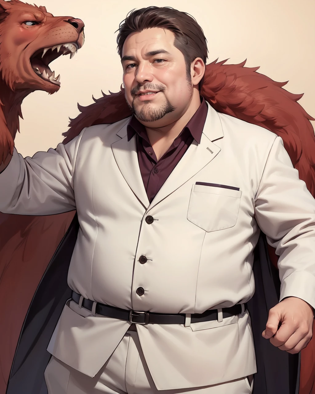 masterpiece,(high quality, best quality:1.2),smile, (man:1), mature fat man, hero, fighting beast, lips, cheek, blush, suit, I choose you!