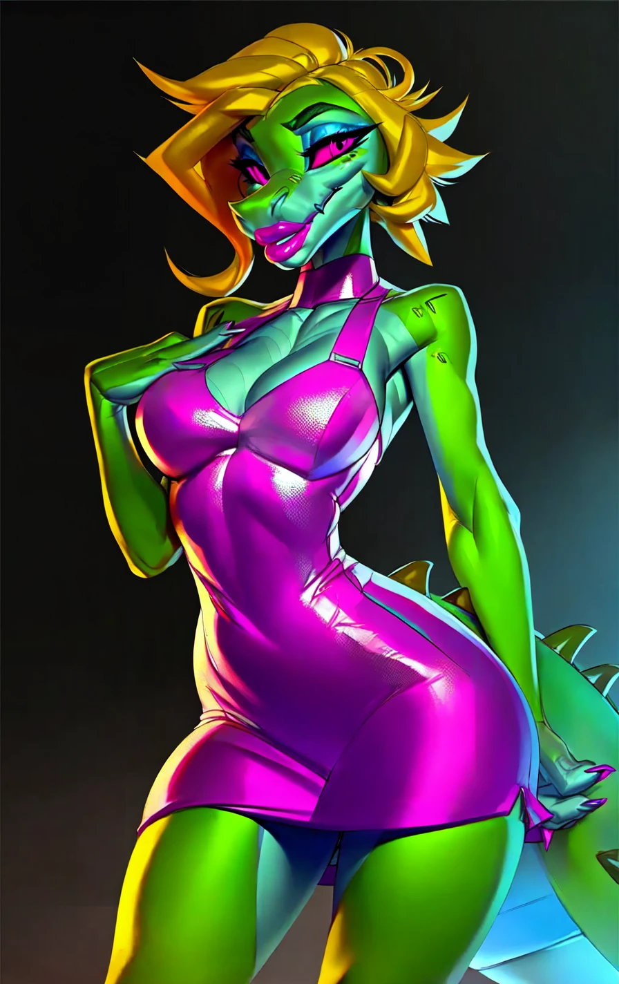 (best quality,4k,highres,masterpiece:1.2),kobold woman,medium-sized breasts,wide hips, have a two extremely detailed legs,ultra-detailed green scaly skin,wearing a blue stripper outfit, she have a white hair, Her lips are well detailed and violet in color, have a ultra detailed Body, have a un tail ultra defined,she has an ahegao face,with a provocative pose while grabbing her breasts with her hands,night club background.