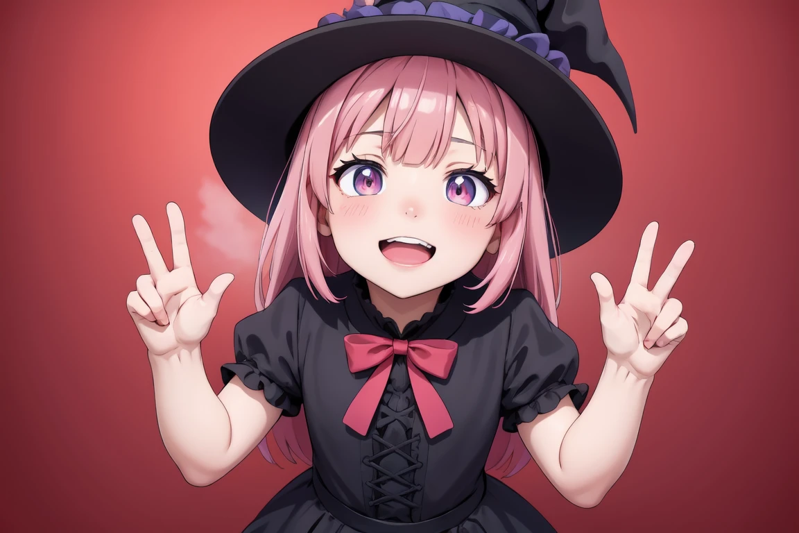 masterpiece,(best quality, high quality, highres:1.2), a woman in a witches hat and black dress with lights behind her and a pink background with a starburst, blurry, depth_of_field, facing_viewer, red_background, red_sky, smile, solo, bloodborne, a hologram, magical realism, (flat_color:1.1), (anime_coloring:1.1), (realistic_nose:-0.8),(megami magazine:1), open hands, pink hair
